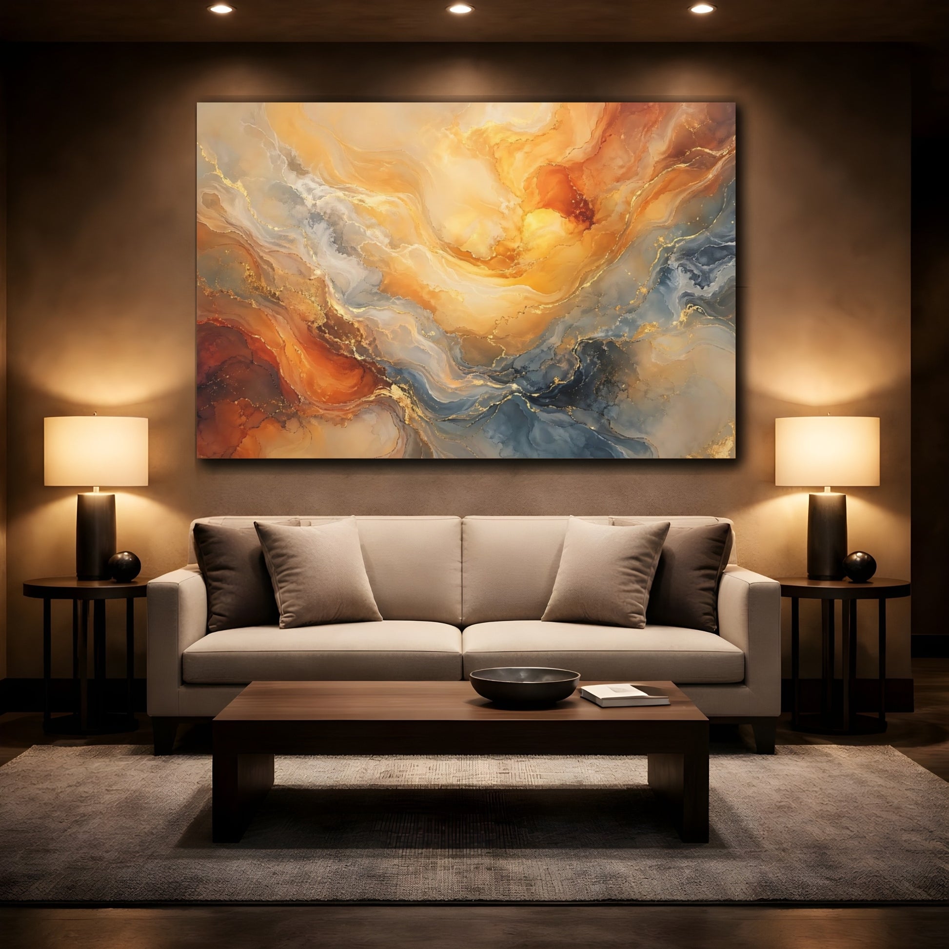 Mockup 2. Abstract Fluid Art Orange Gold Blue shown as stretched canvas wall art