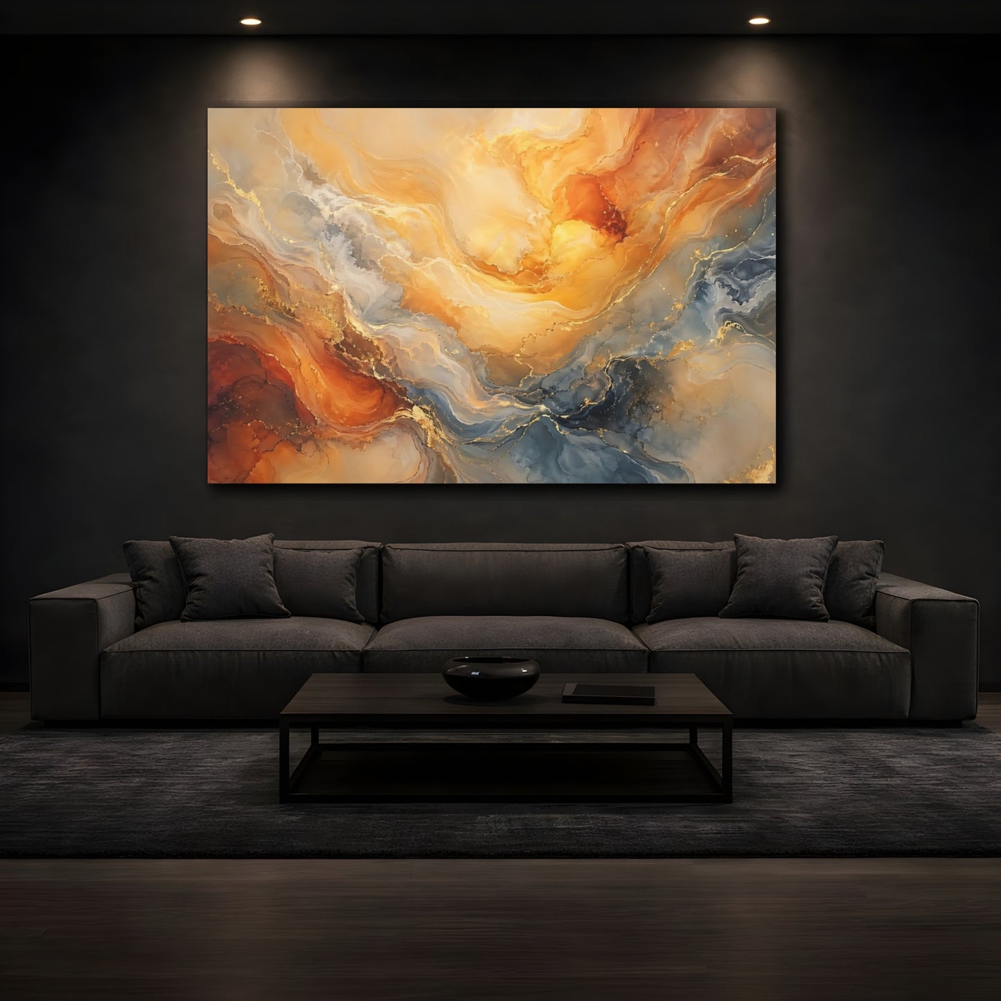 Mockup 3. Abstract Fluid Art Orange Gold Blue shown as stretched canvas wall art