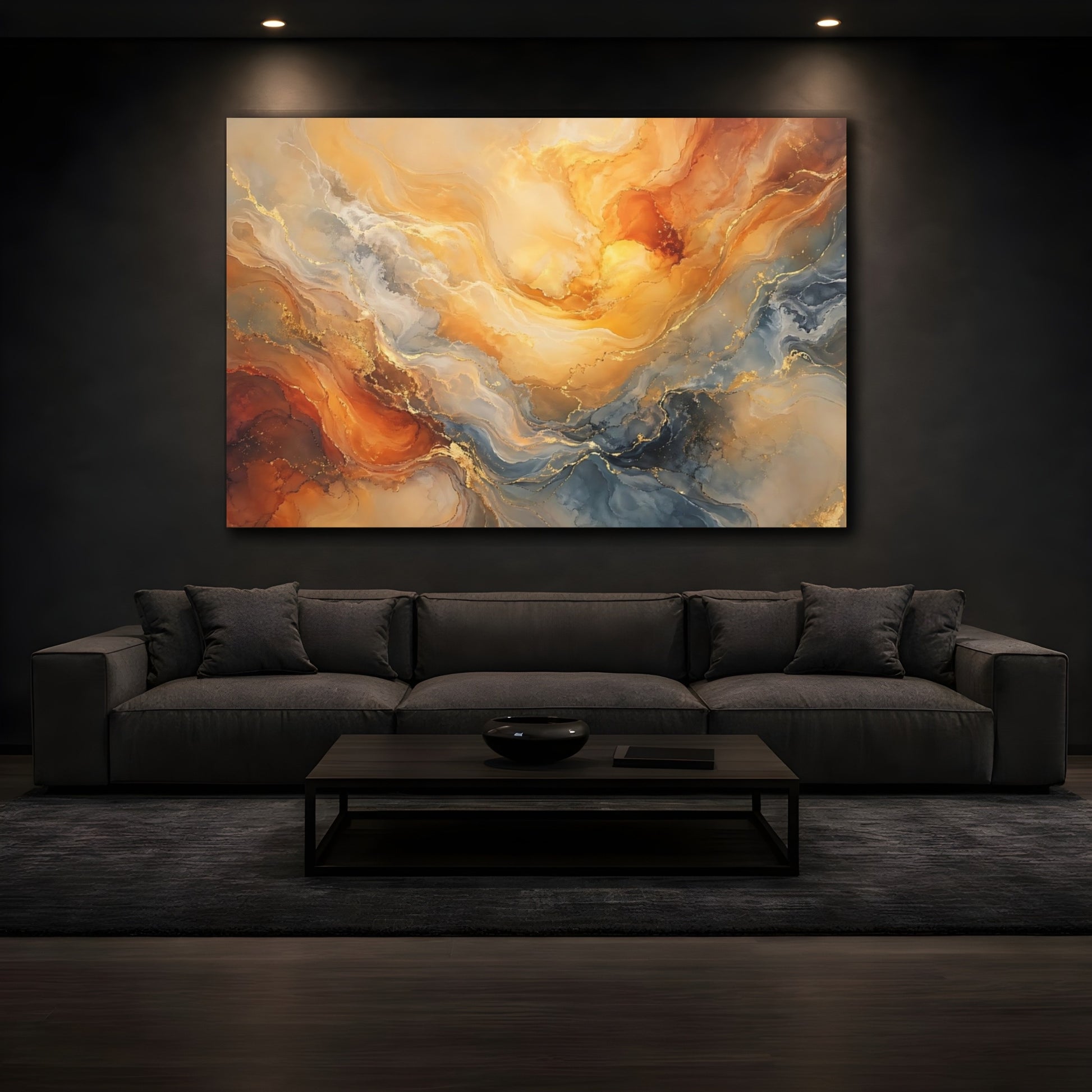 Mockup 3. Abstract Fluid Art Orange Gold Blue shown as stretched canvas wall art