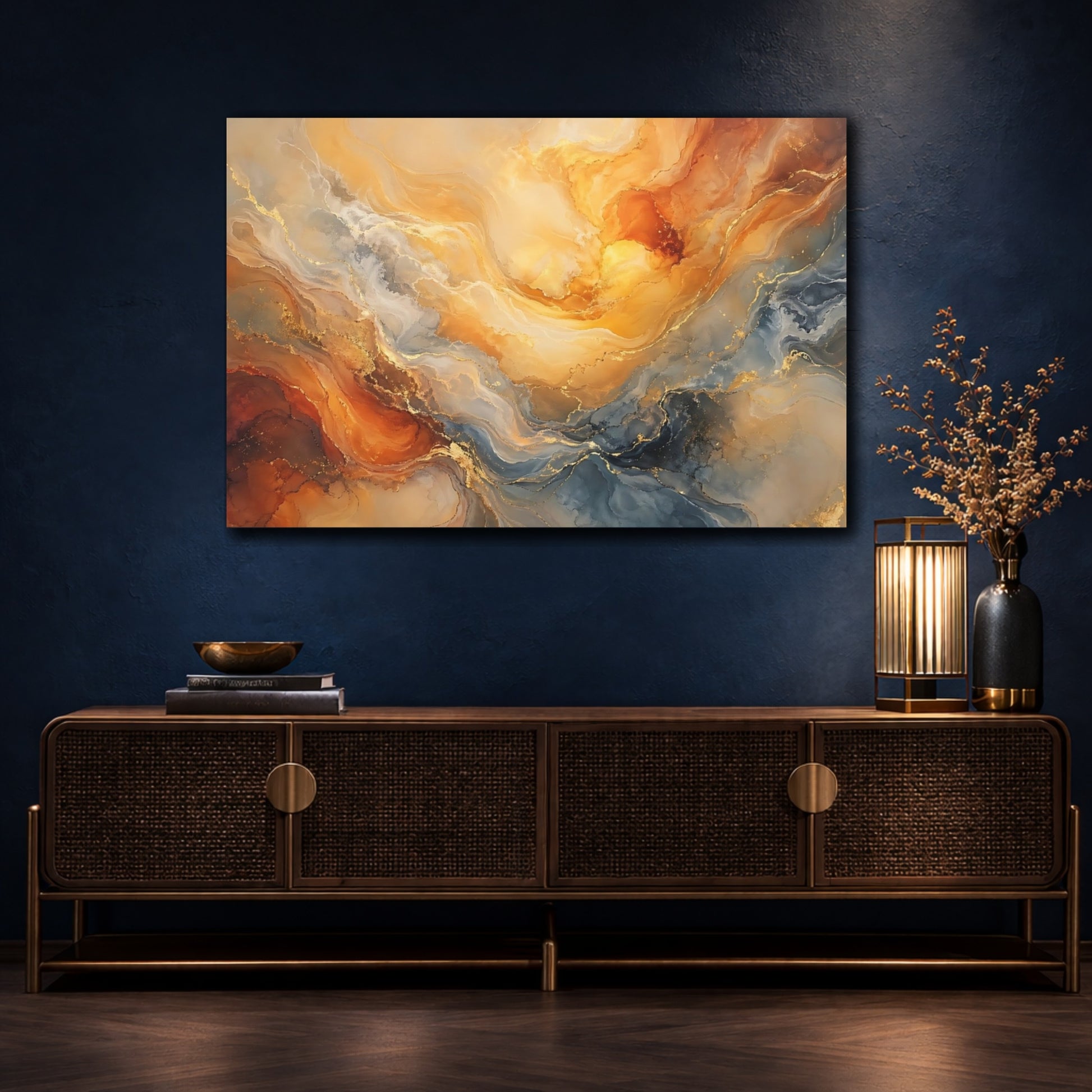 Mockup 4. Abstract Fluid Art Orange Gold Blue shown as stretched canvas wall art