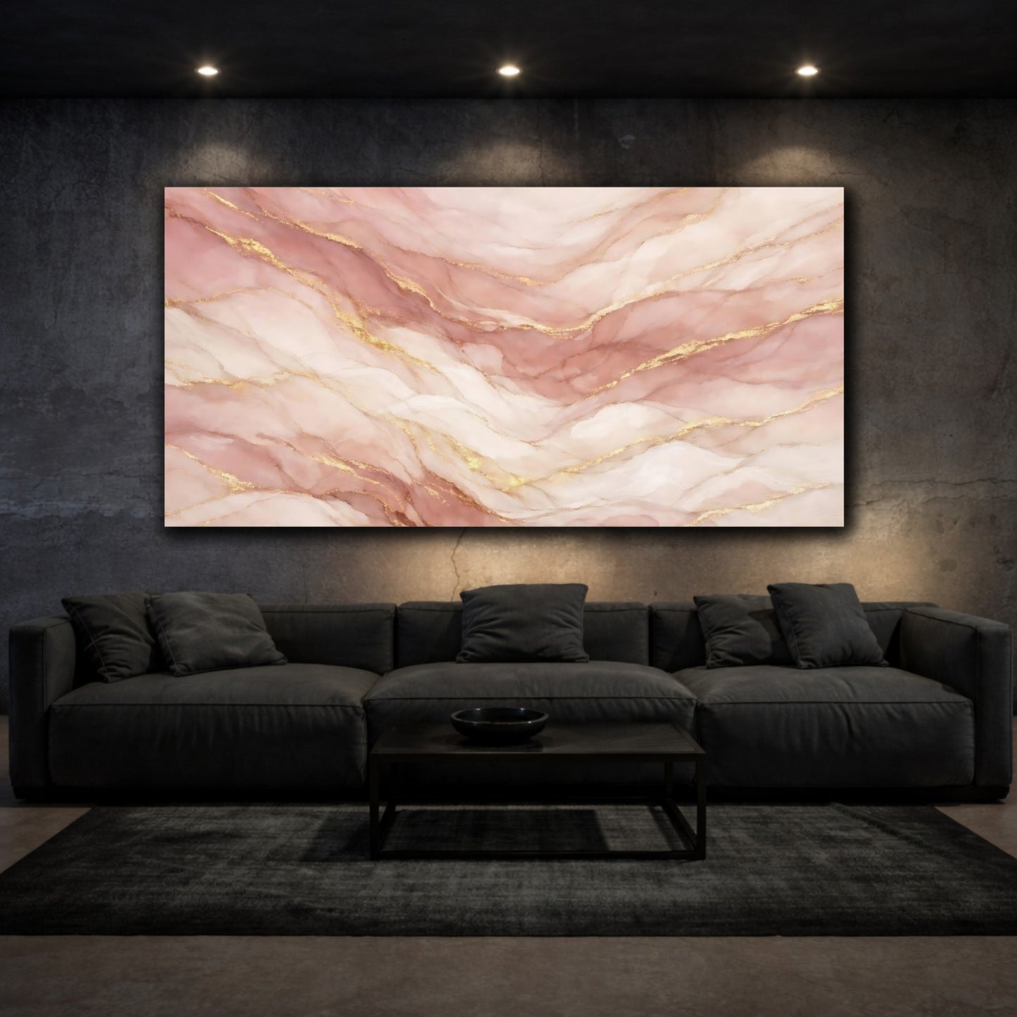 Mockup 2. Abstract Fluid Art Pink And Gold shown as stretched canvas wall art
