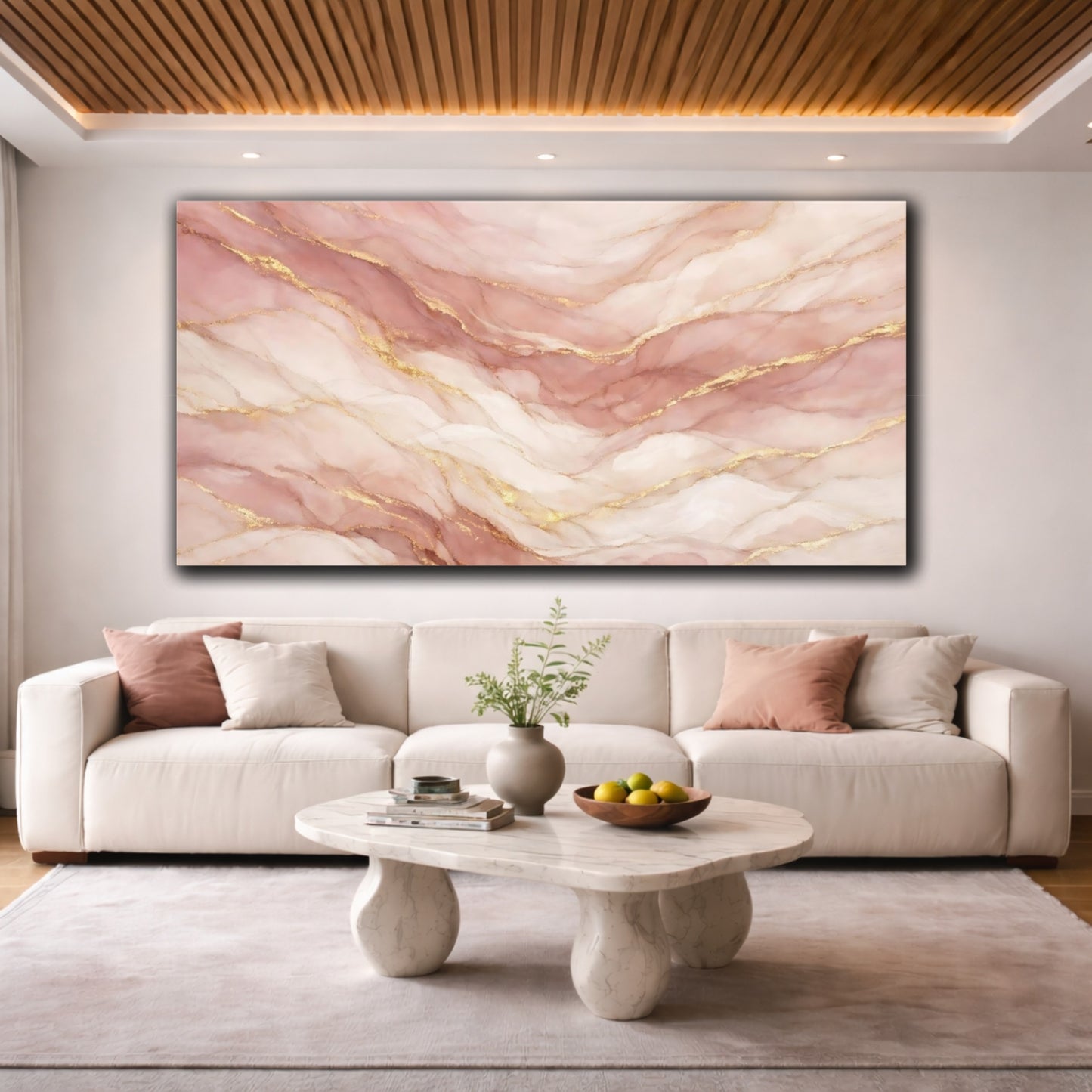 Mockup 3. Abstract Fluid Art Pink And Gold shown as stretched canvas wall art