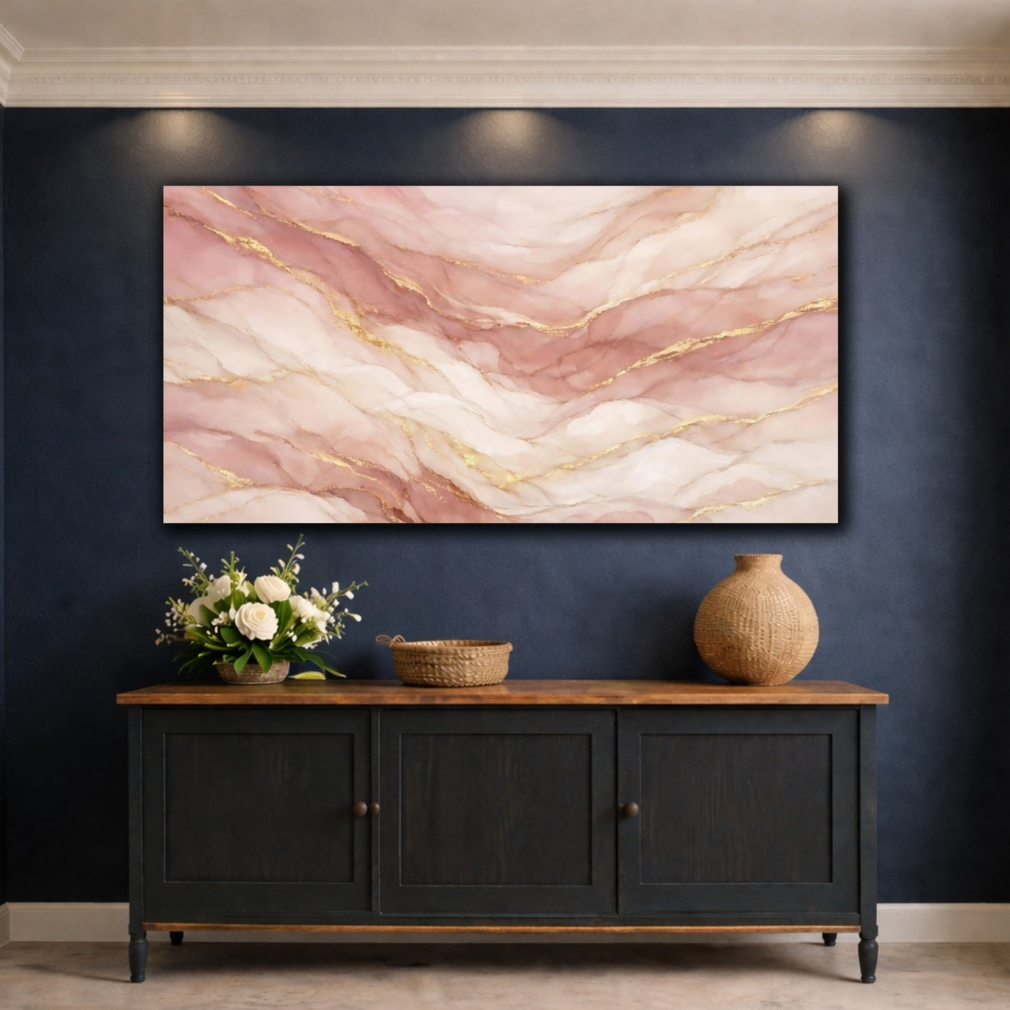 Mockup 4. Abstract Fluid Art Pink And Gold shown as stretched canvas wall art