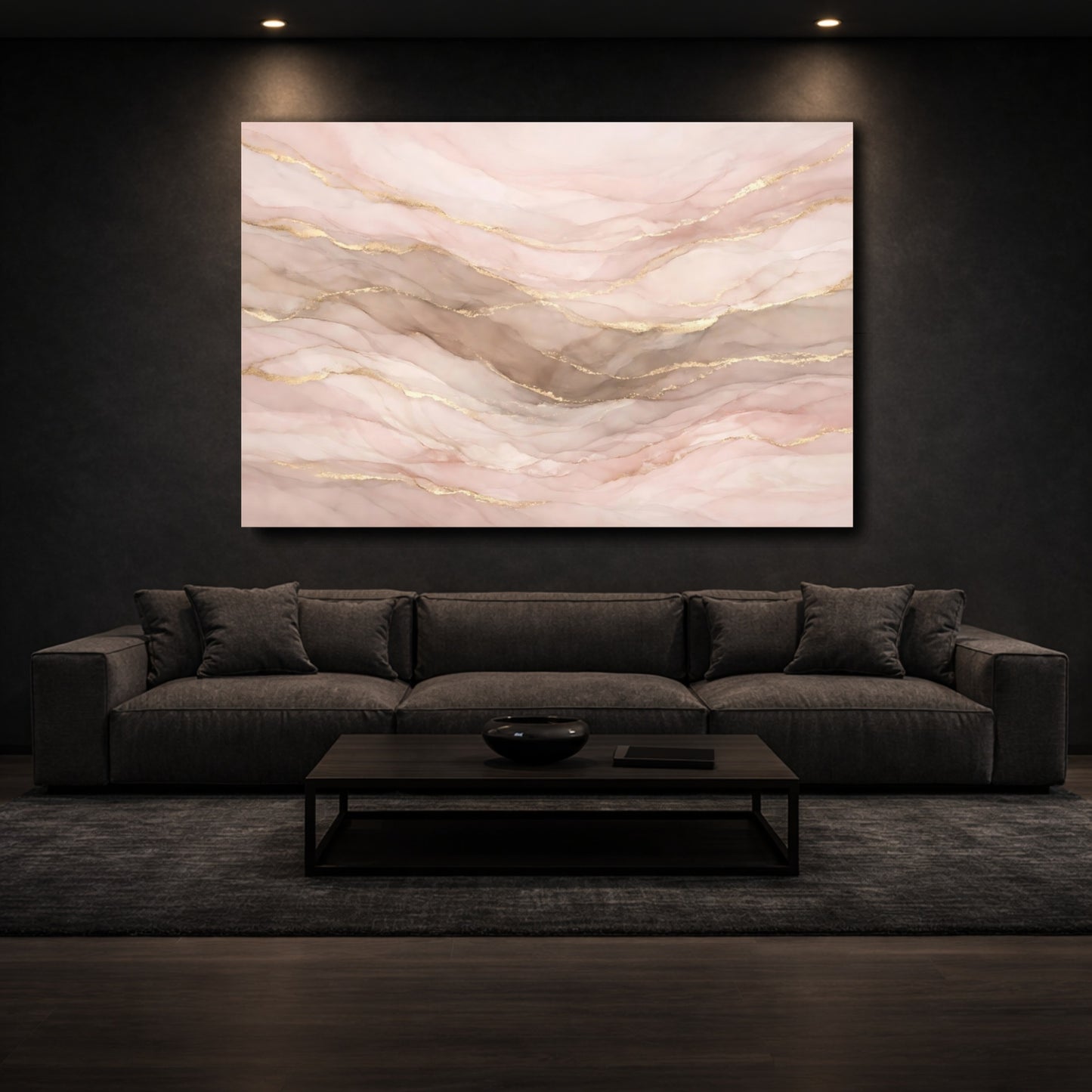 Mockup 2. Abstract Fluid Art Pink Gold Abstract shown as stretched canvas wall art