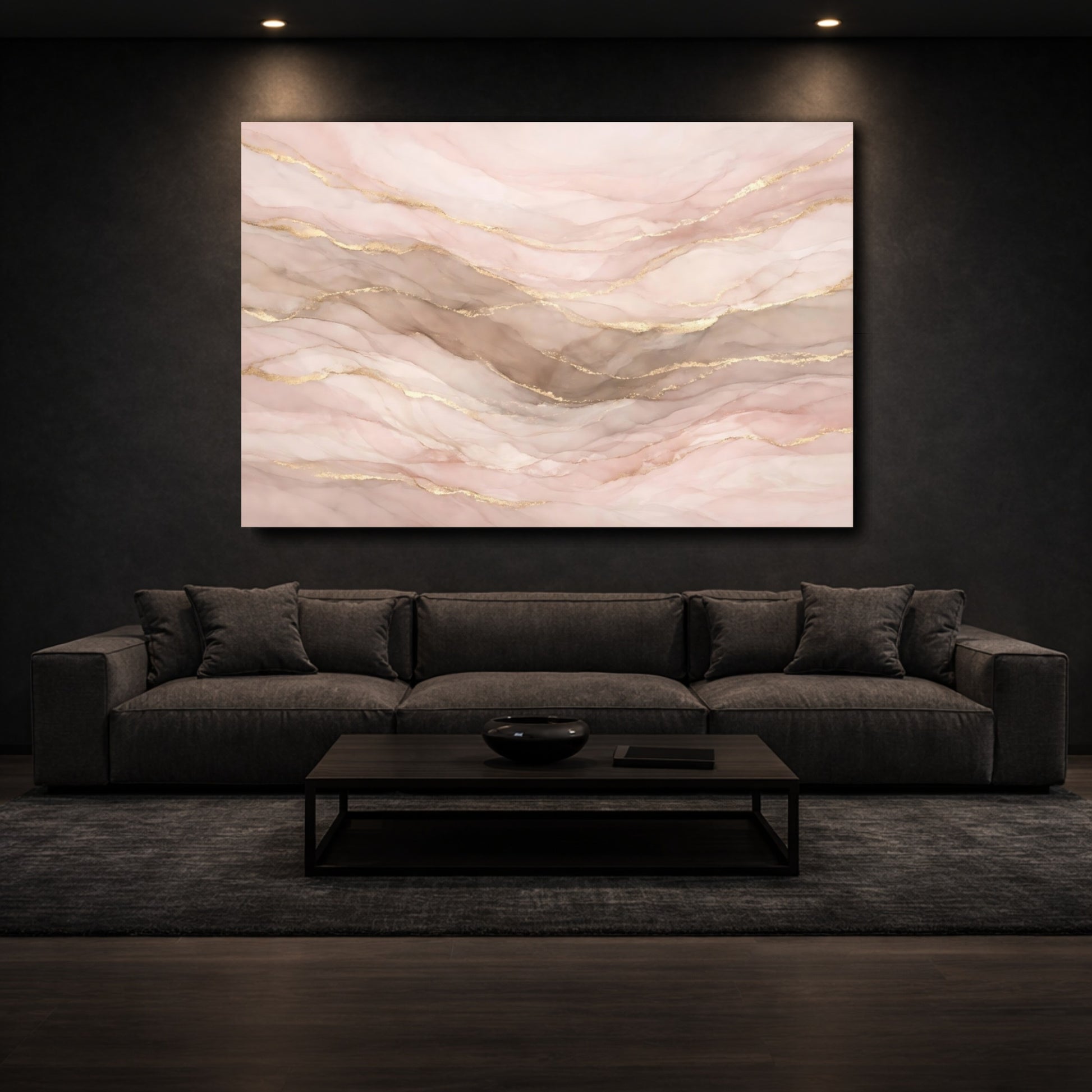 Mockup 2. Abstract Fluid Art Pink Gold Abstract shown as stretched canvas wall art