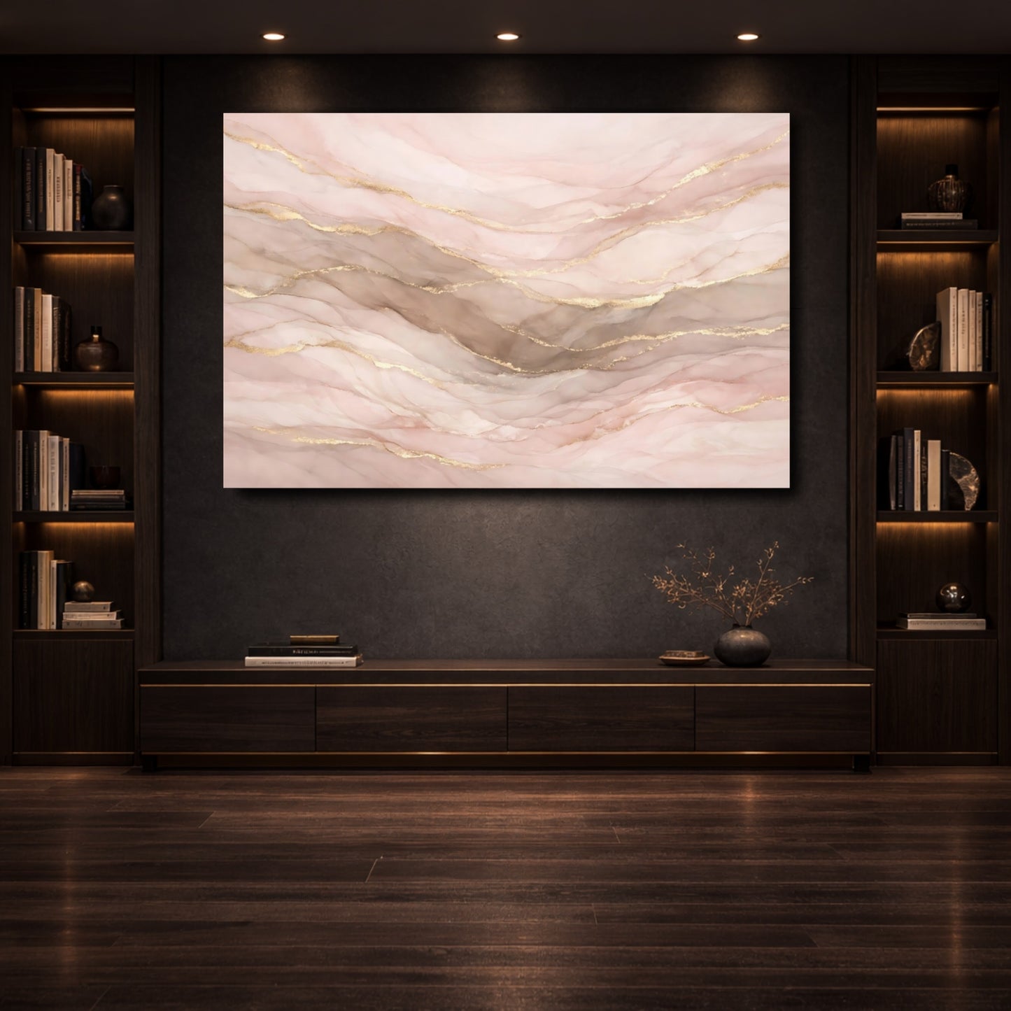 Mockup 3. Abstract Fluid Art Pink Gold Abstract shown as stretched canvas wall art