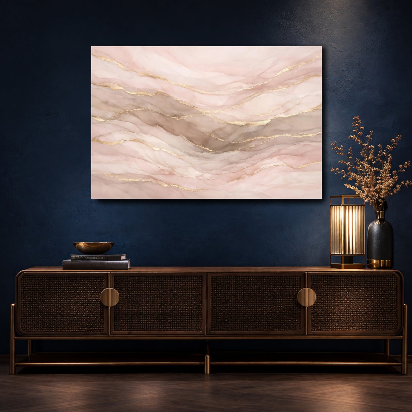 Mockup 4. Abstract Fluid Art Pink Gold Abstract shown as stretched canvas wall art