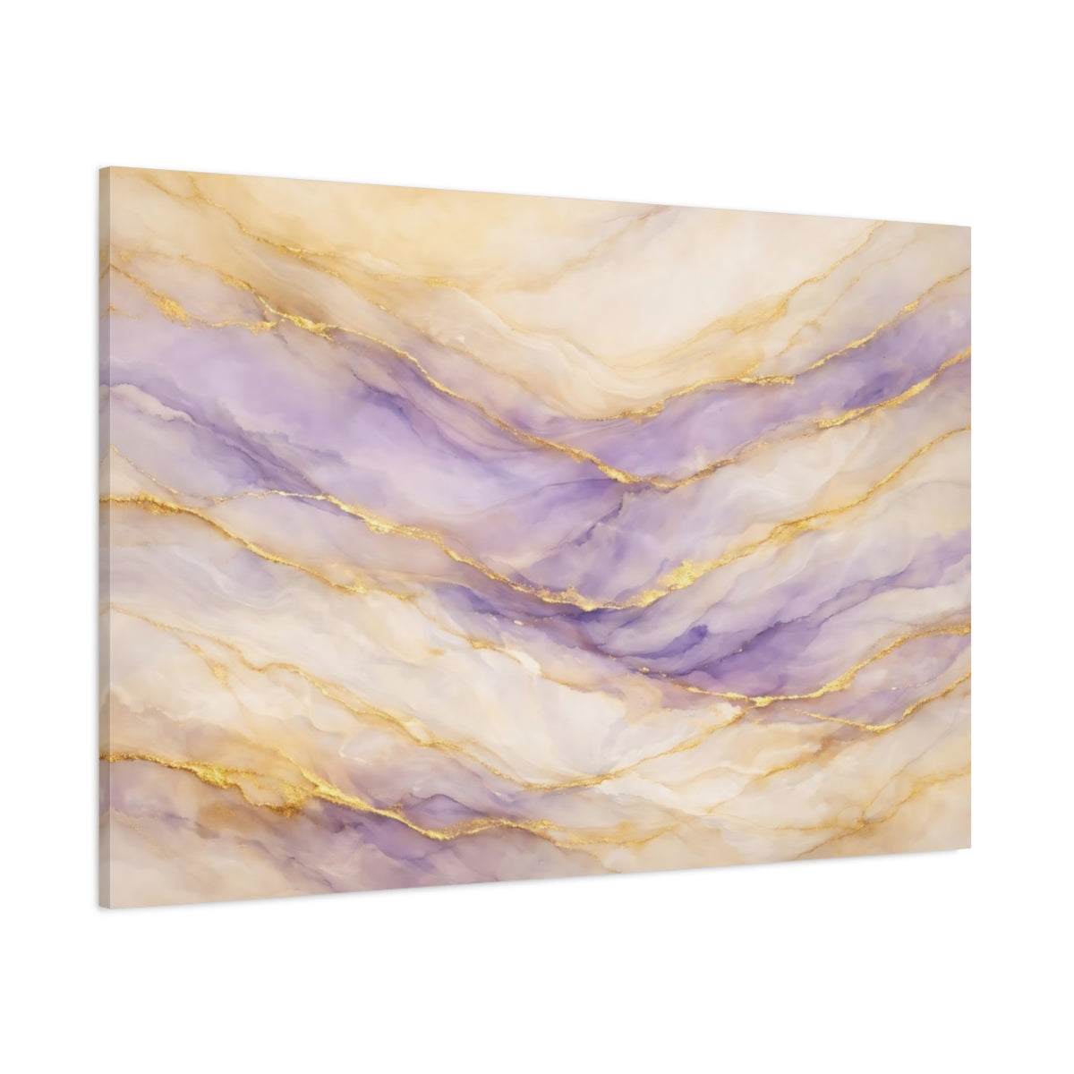 Main Mockup. Abstract Fluid Art Purple And Gold shown as stretched canvas wall art