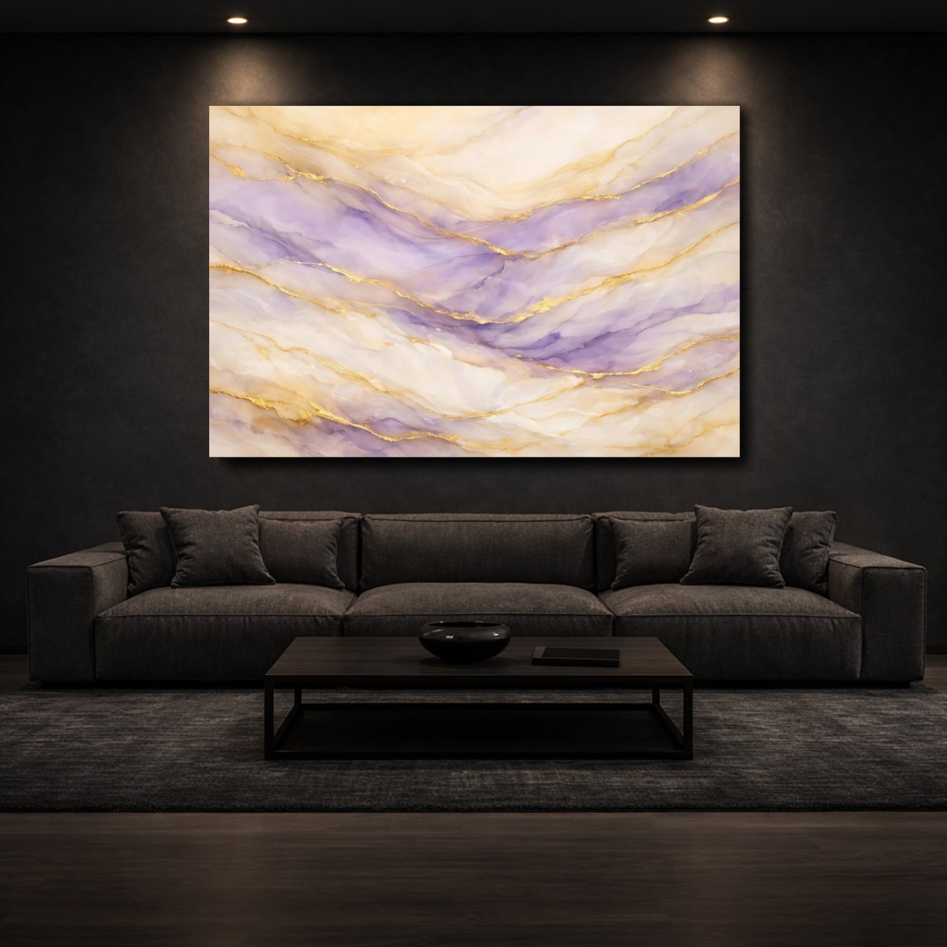 Mockup 2. Abstract Fluid Art Purple And Gold shown as stretched canvas wall art