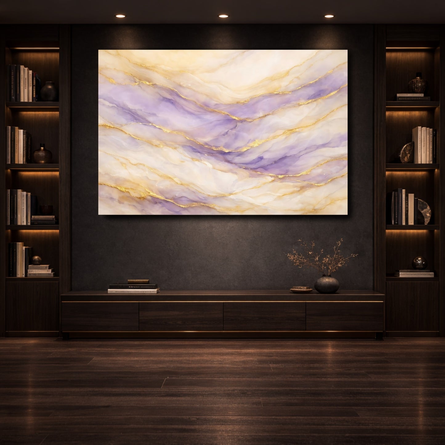 Mockup 3. Abstract Fluid Art Purple And Gold shown as stretched canvas wall art