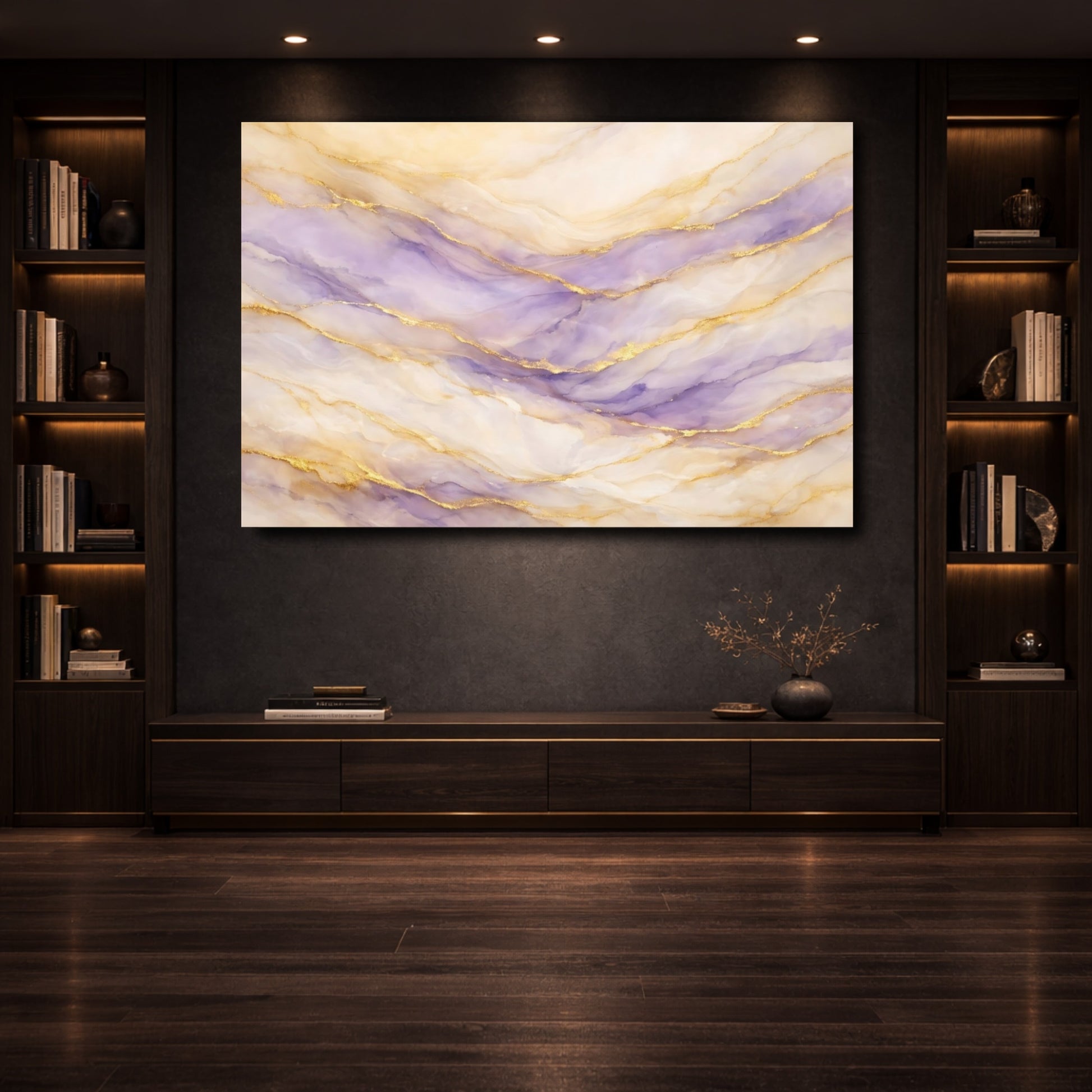 Mockup 3. Abstract Fluid Art Purple And Gold shown as stretched canvas wall art