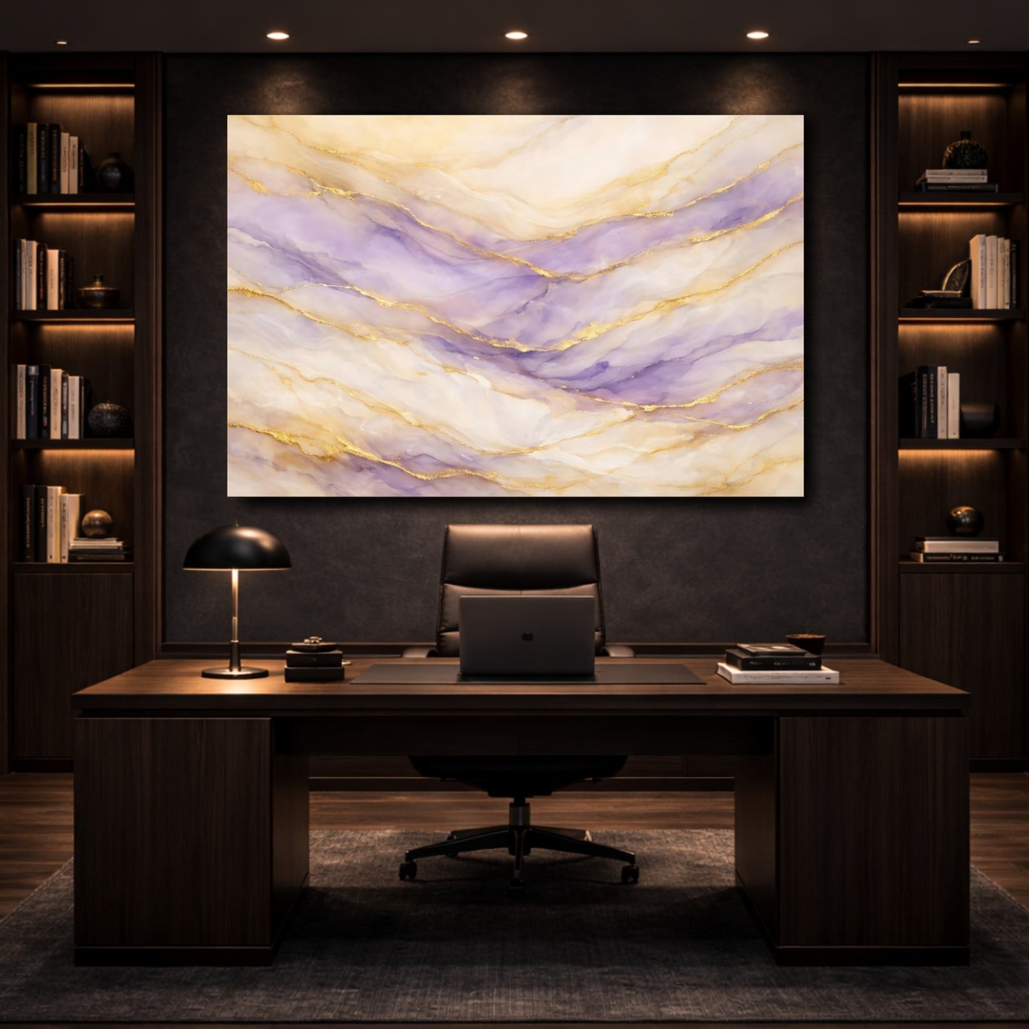 Mockup 4. Abstract Fluid Art Purple And Gold shown as stretched canvas wall art