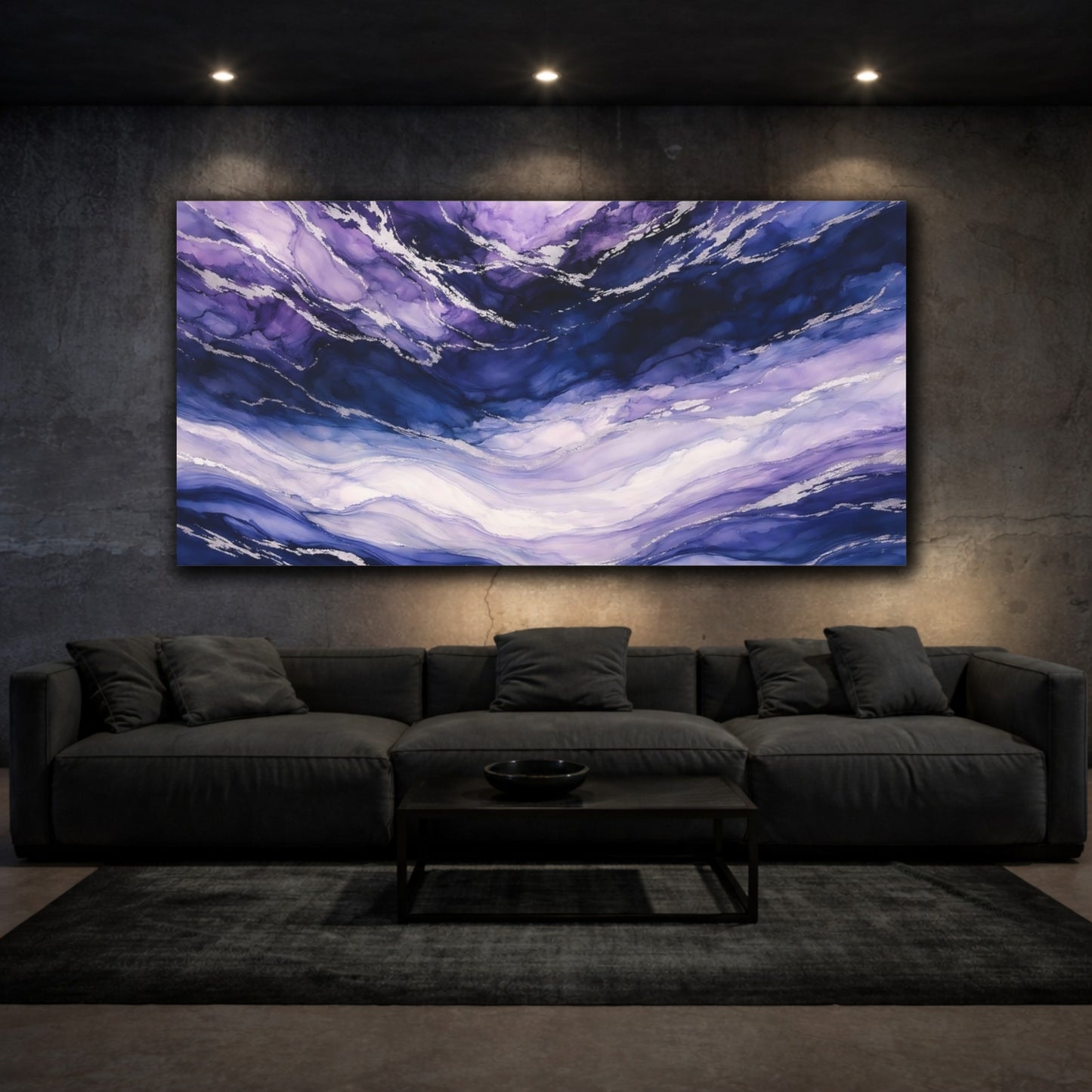 Mockup 2. Abstract Fluid Art Purple Blue Abstract shown as stretched canvas wall art