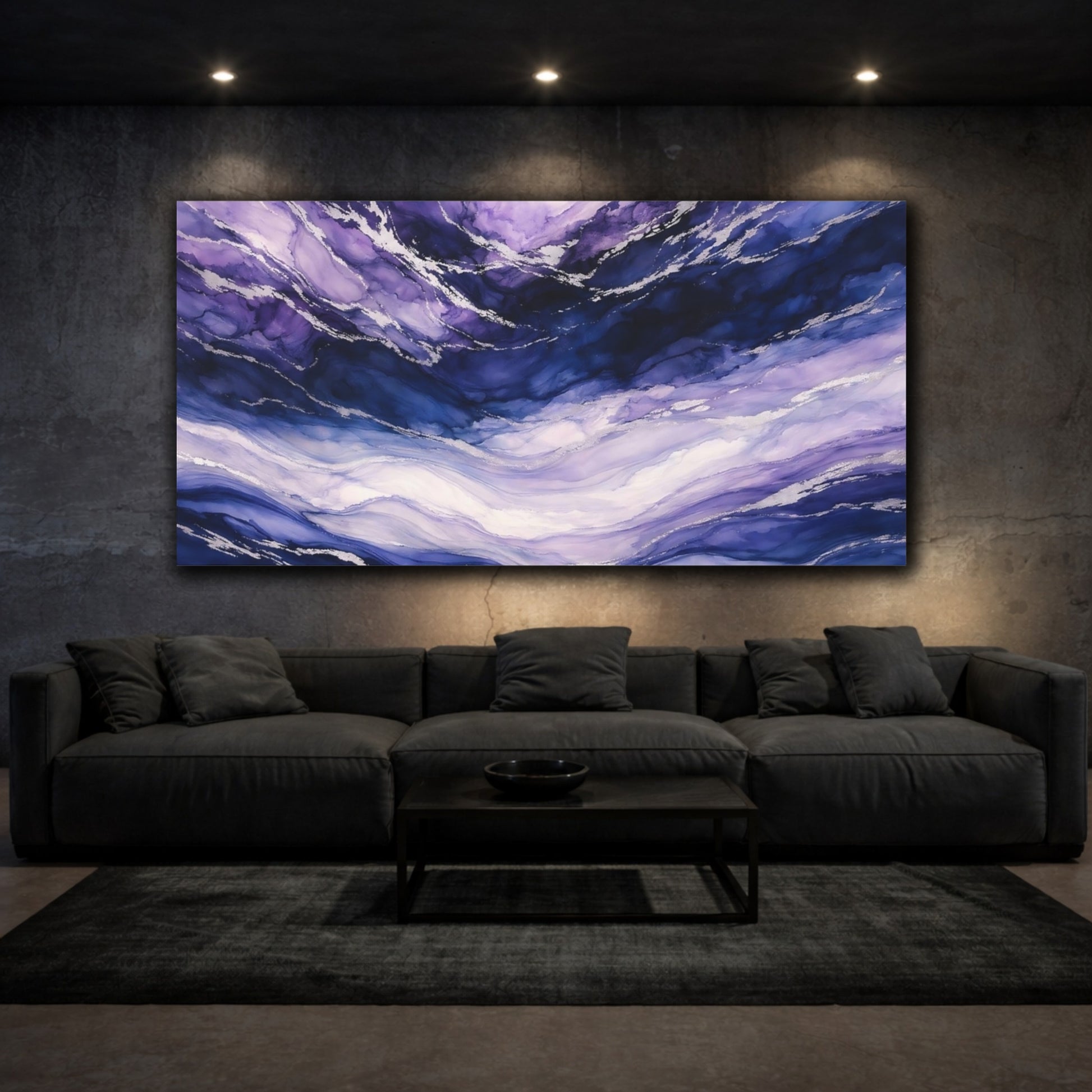 Mockup 2. Abstract Fluid Art Purple Blue Abstract shown as stretched canvas wall art