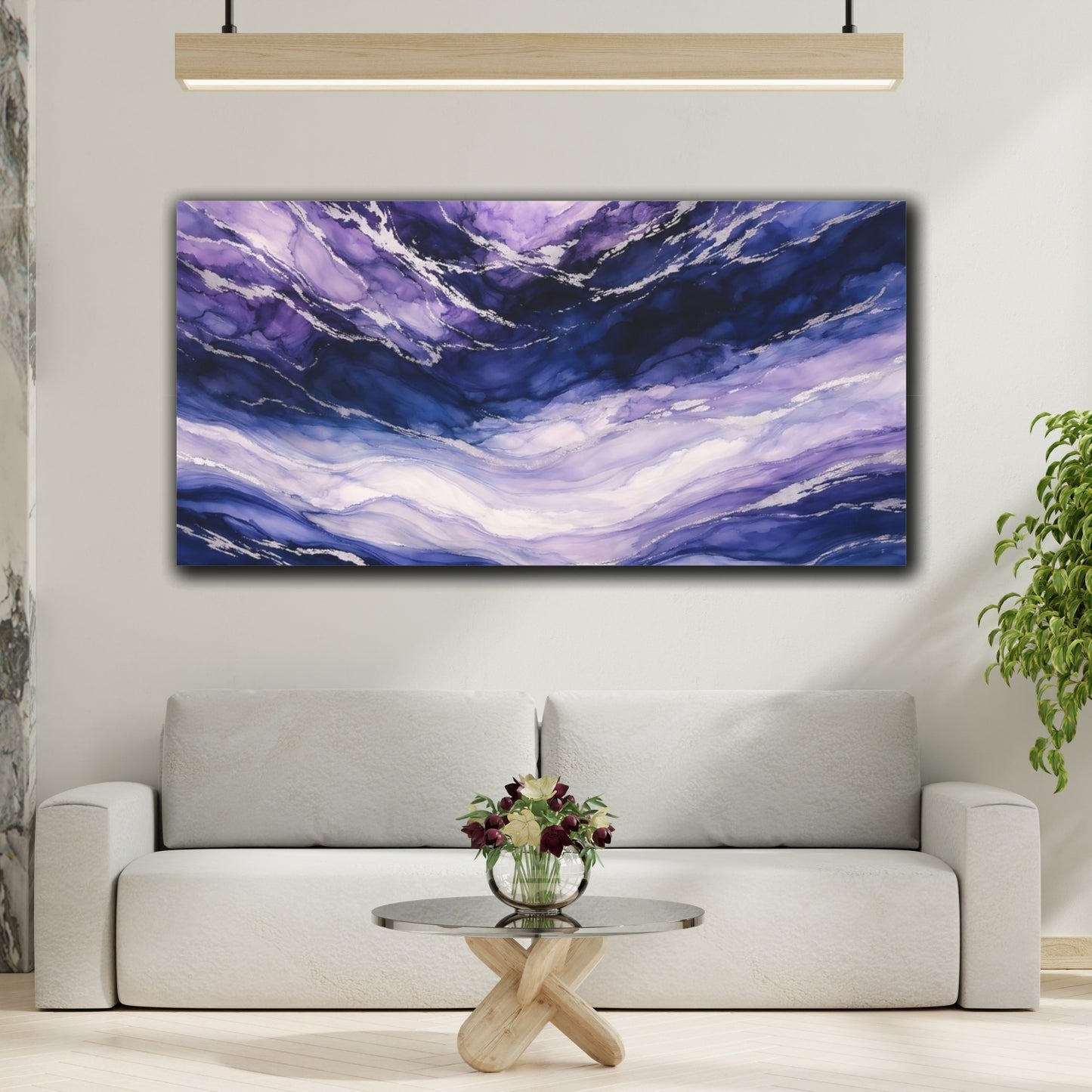 Mockup 3. Abstract Fluid Art Purple Blue Abstract shown as stretched canvas wall art