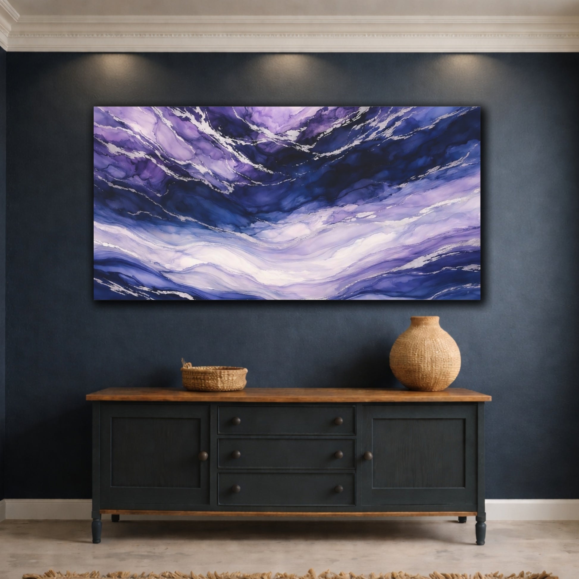 Mockup 4. Abstract Fluid Art Purple Blue Abstract shown as stretched canvas wall art
