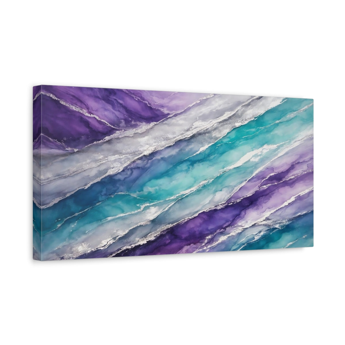 Side Mockup 3. Abstract Fluid Art Purple Blue Silver shown as stretched canvas wall art
