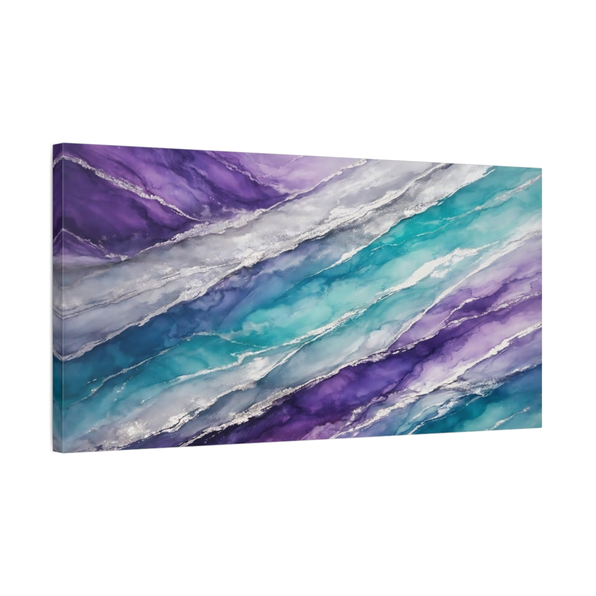 Side Mockup 2. Abstract Fluid Art Purple Blue Silver shown as stretched canvas wall art