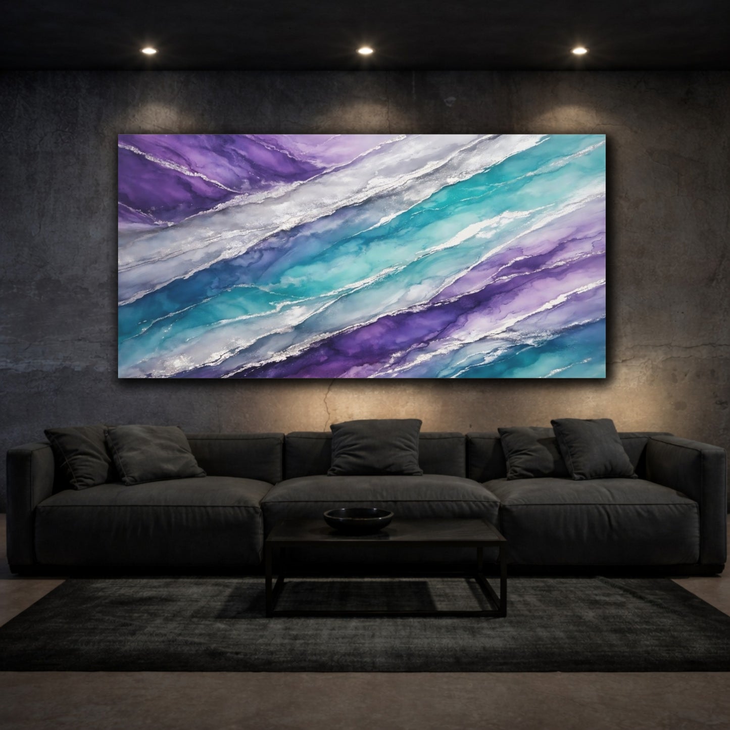 Mockup 2. Abstract Fluid Art Purple Blue Silver shown as stretched canvas wall art