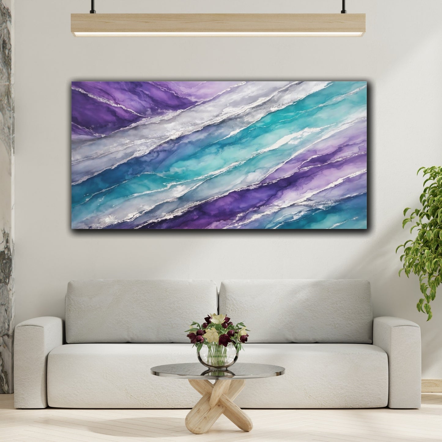 Mockup 3. Abstract Fluid Art Purple Blue Silver shown as stretched canvas wall art