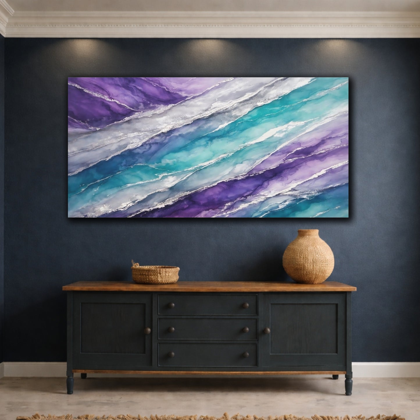 Mockup 4. Abstract Fluid Art Purple Blue Silver shown as stretched canvas wall art