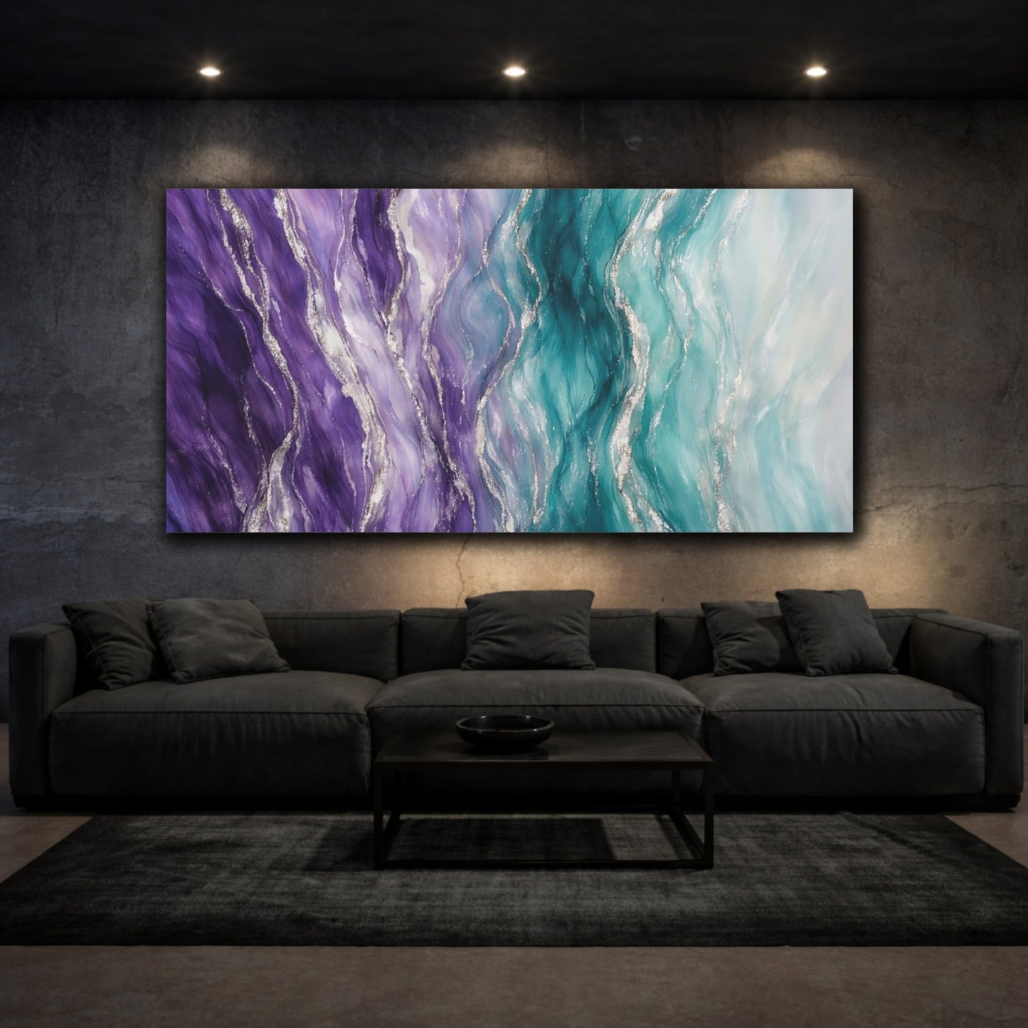 Mockup 2. Abstract Fluid Art Purple Teal Abstract shown as stretched canvas wall art