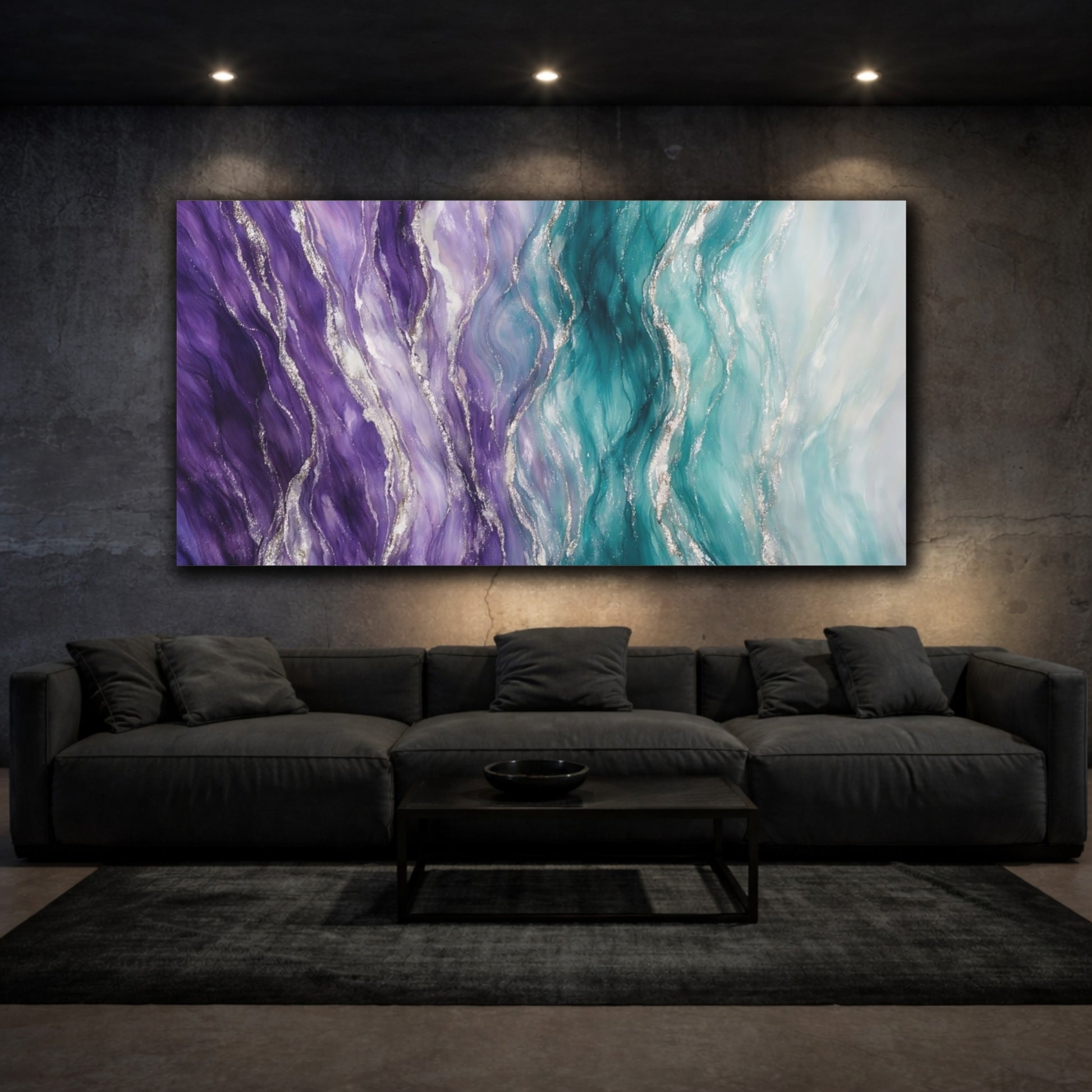Mockup 2. Abstract Fluid Art Purple Teal Abstract shown as stretched canvas wall art