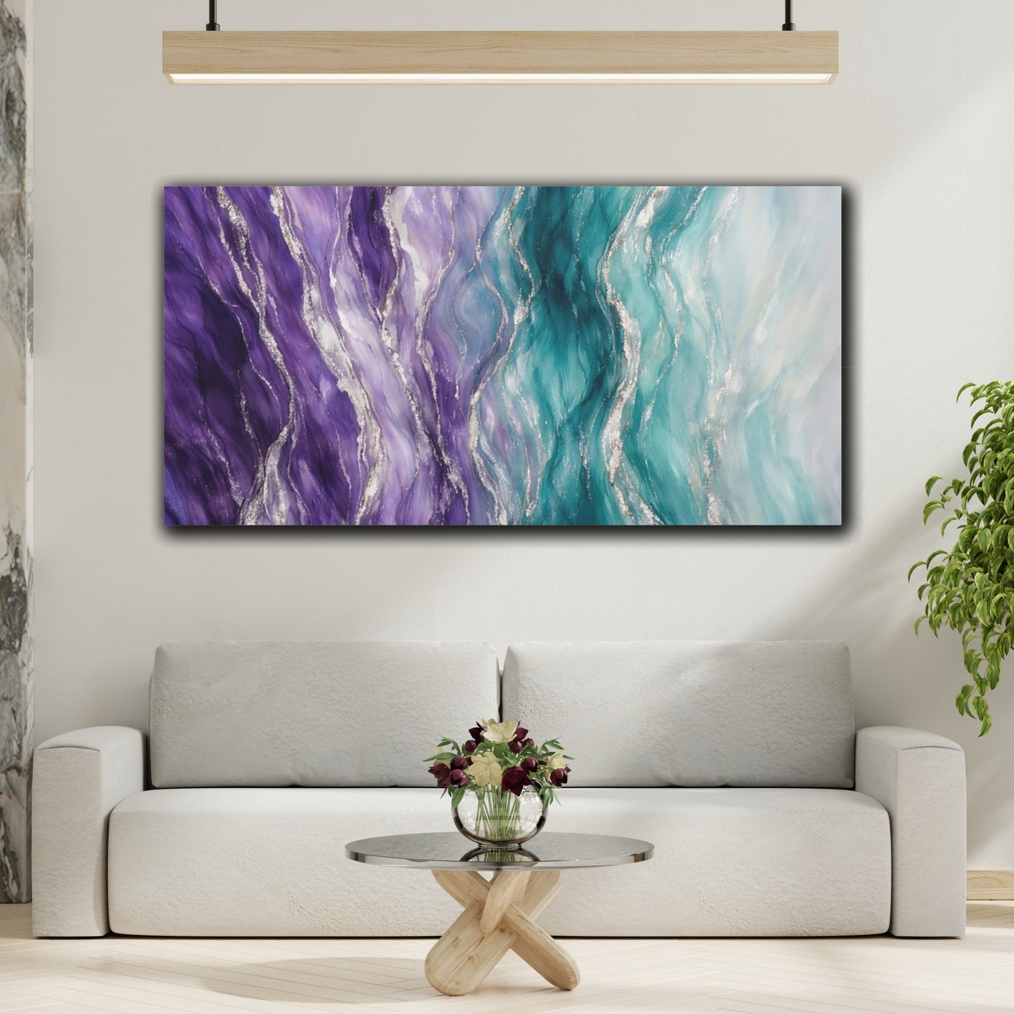 Mockup 3. Abstract Fluid Art Purple Teal Abstract shown as stretched canvas wall art