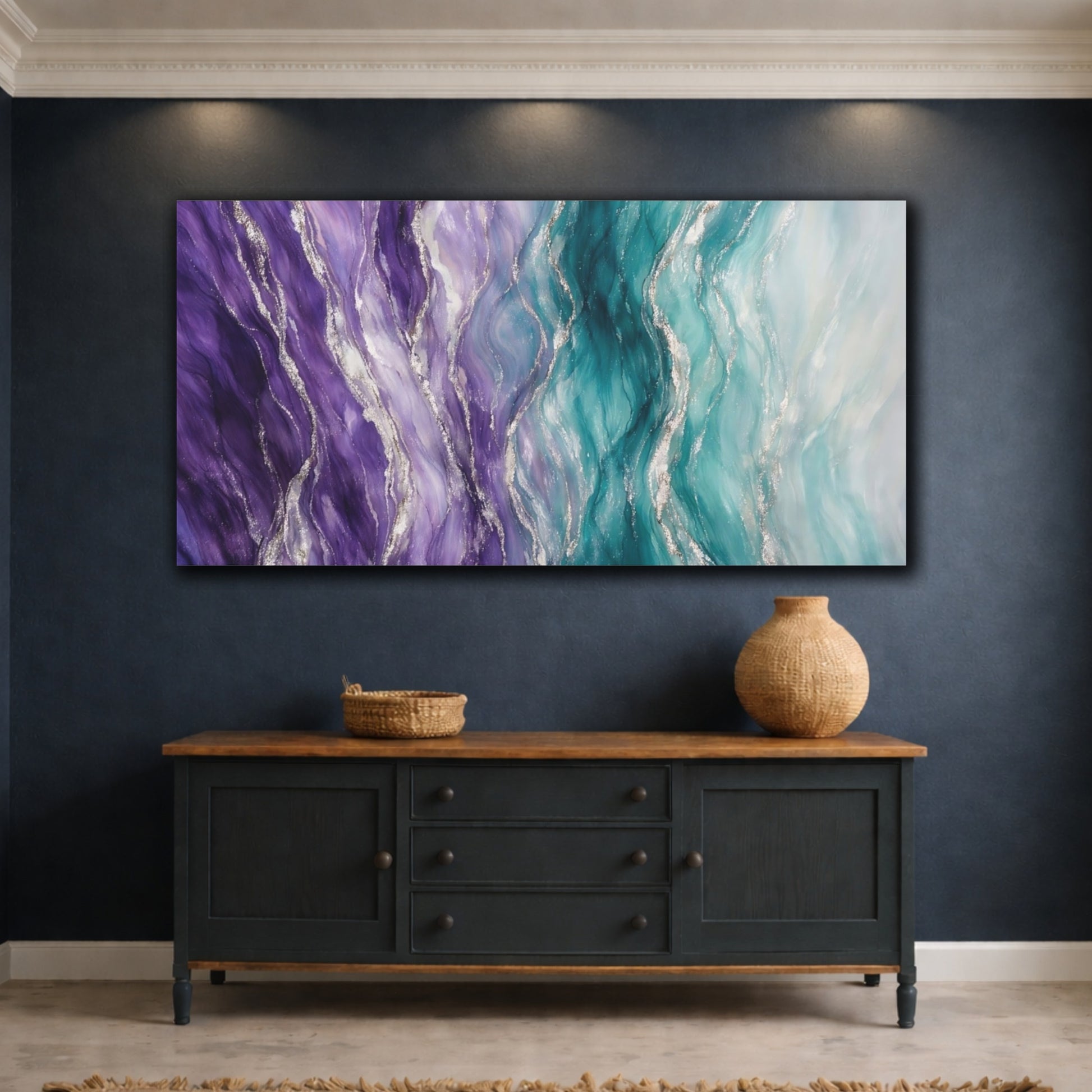 Mockup 4. Abstract Fluid Art Purple Teal Abstract shown as stretched canvas wall art