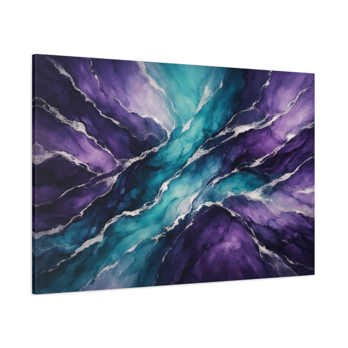 Main Mockup. Abstract Fluid Art Purple Teal shown as stretched canvas wall art