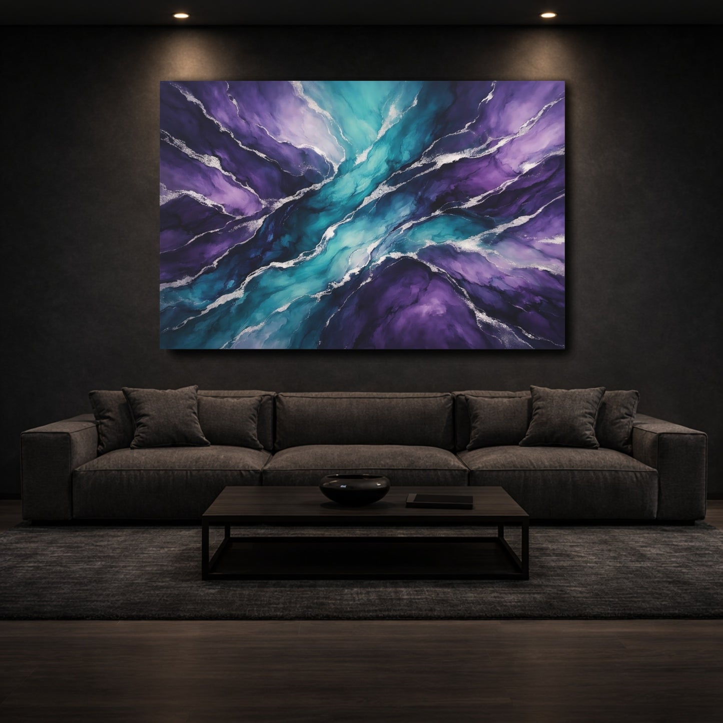 Mockup 2. Abstract Fluid Art Purple Teal shown as stretched canvas wall art