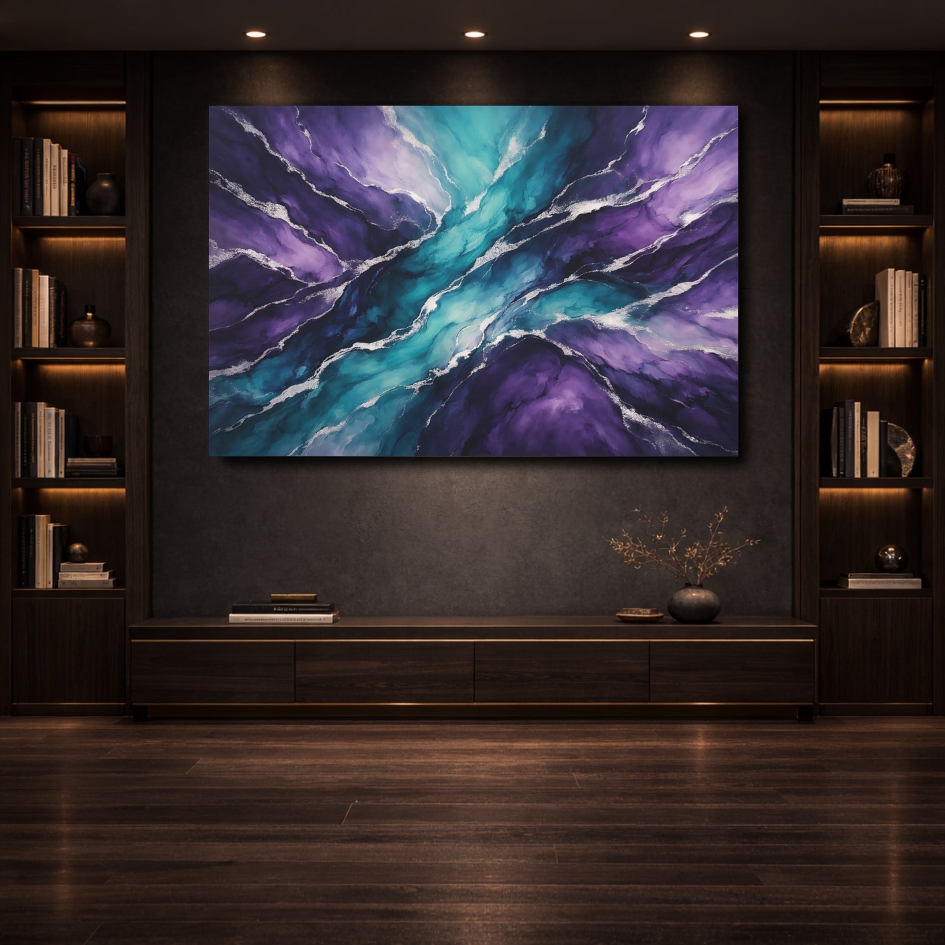 Mockup 3. Abstract Fluid Art Purple Teal shown as stretched canvas wall art