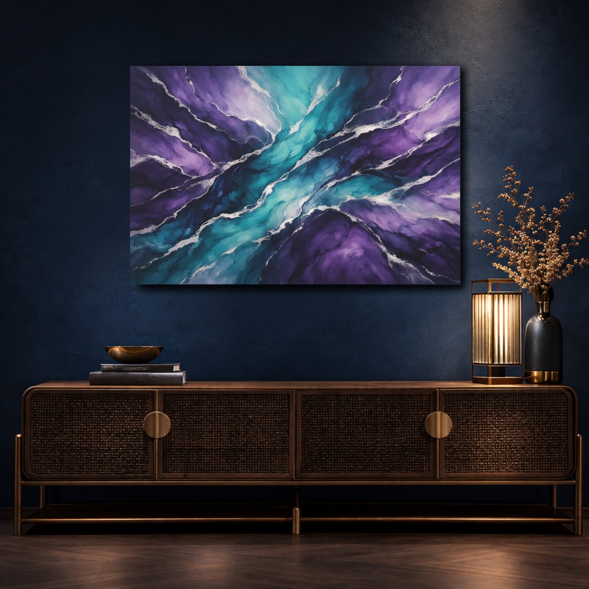 Mockup 4. Abstract Fluid Art Purple Teal shown as stretched canvas wall art