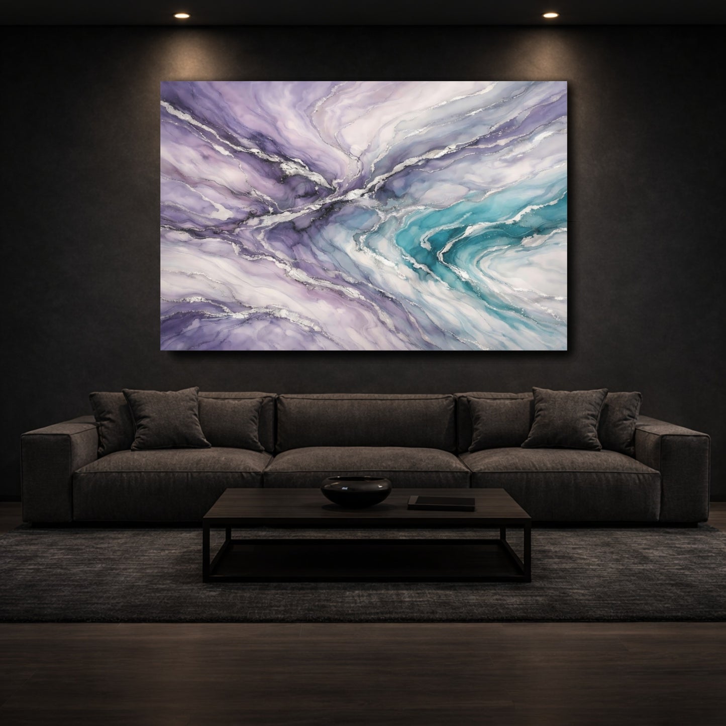 Mockup 2. Abstract Fluid Art Purple Teal Silver shown as stretched canvas wall art