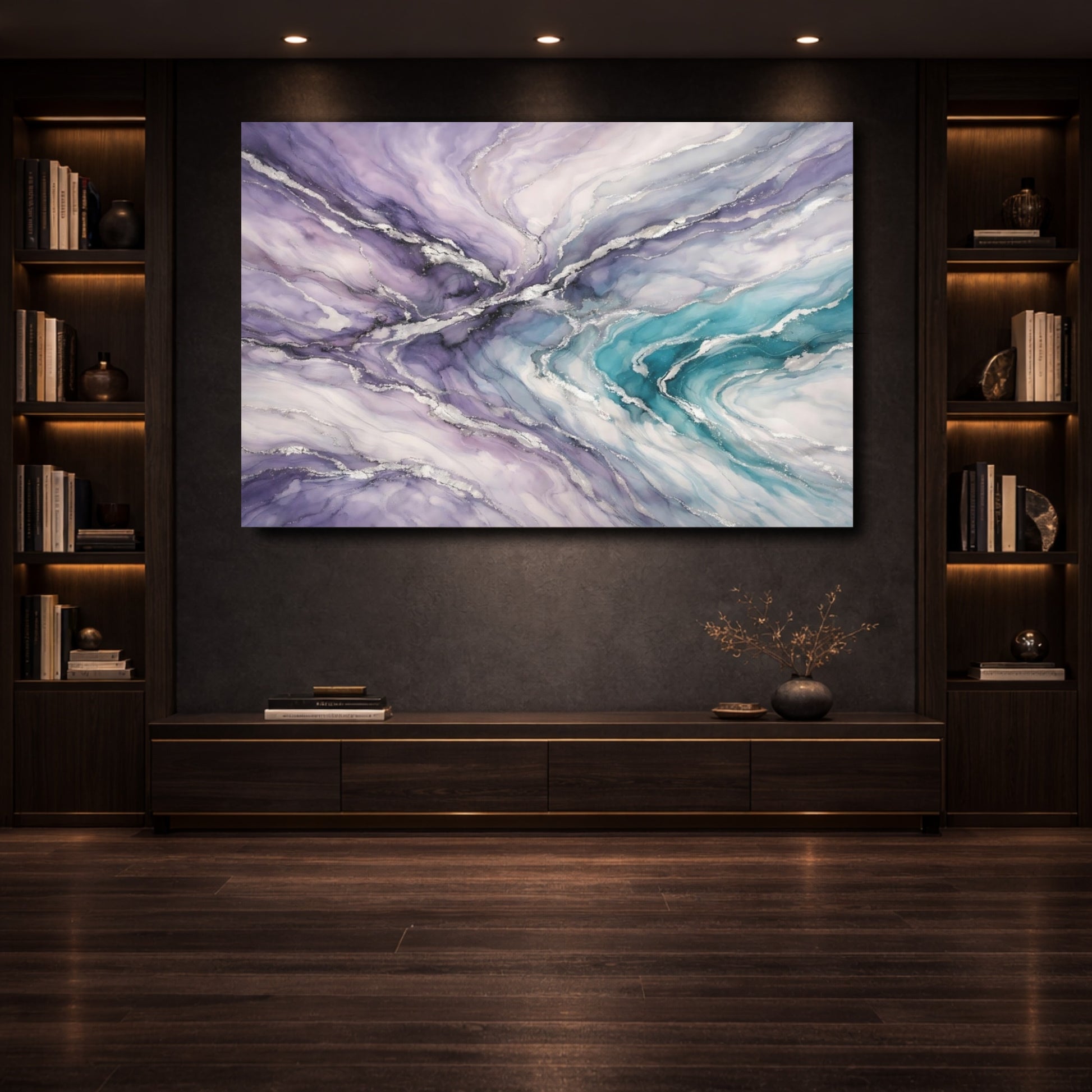 Mockup 3. Abstract Fluid Art Purple Teal Silver shown as stretched canvas wall art