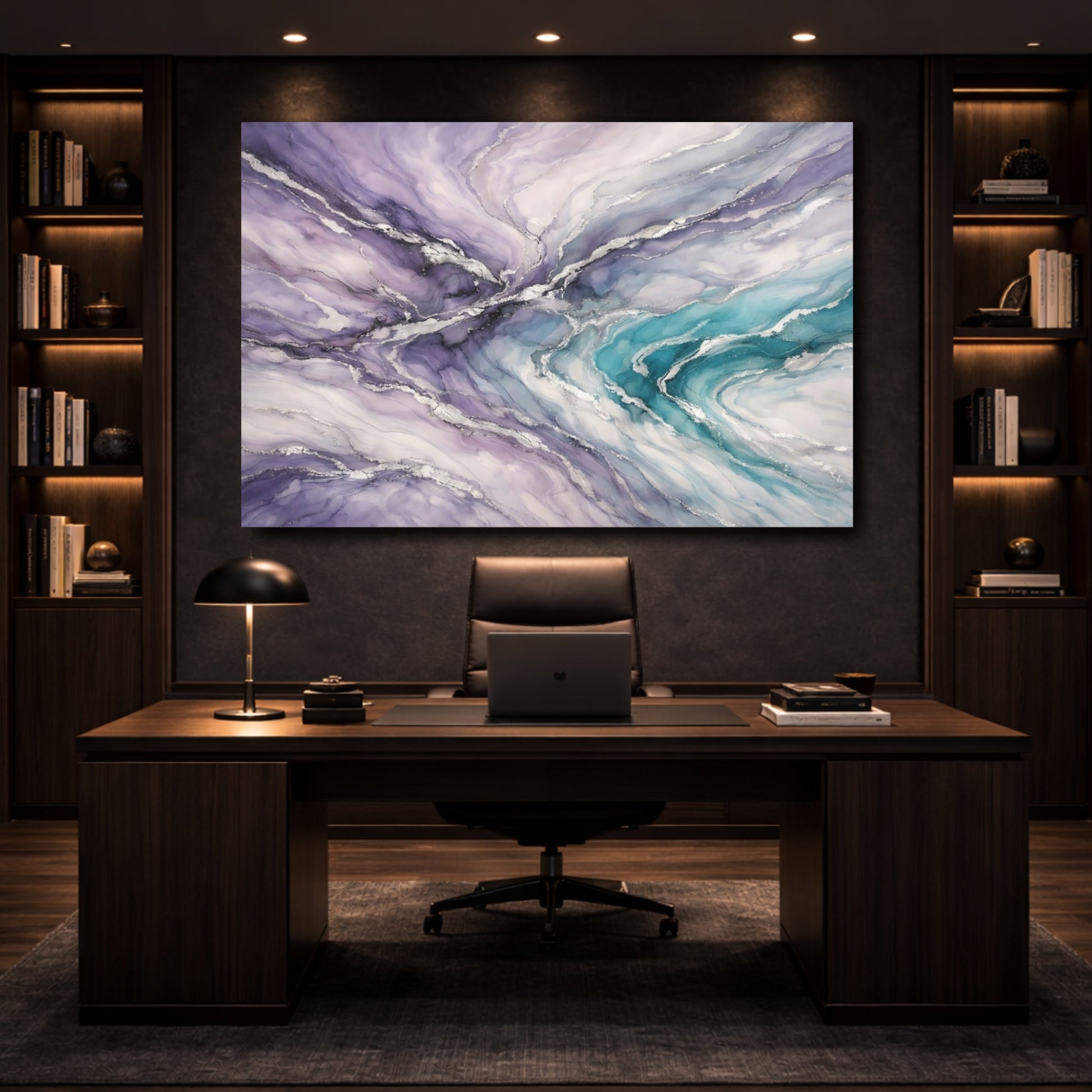 Mockup 4. Abstract Fluid Art Purple Teal Silver shown as stretched canvas wall art
