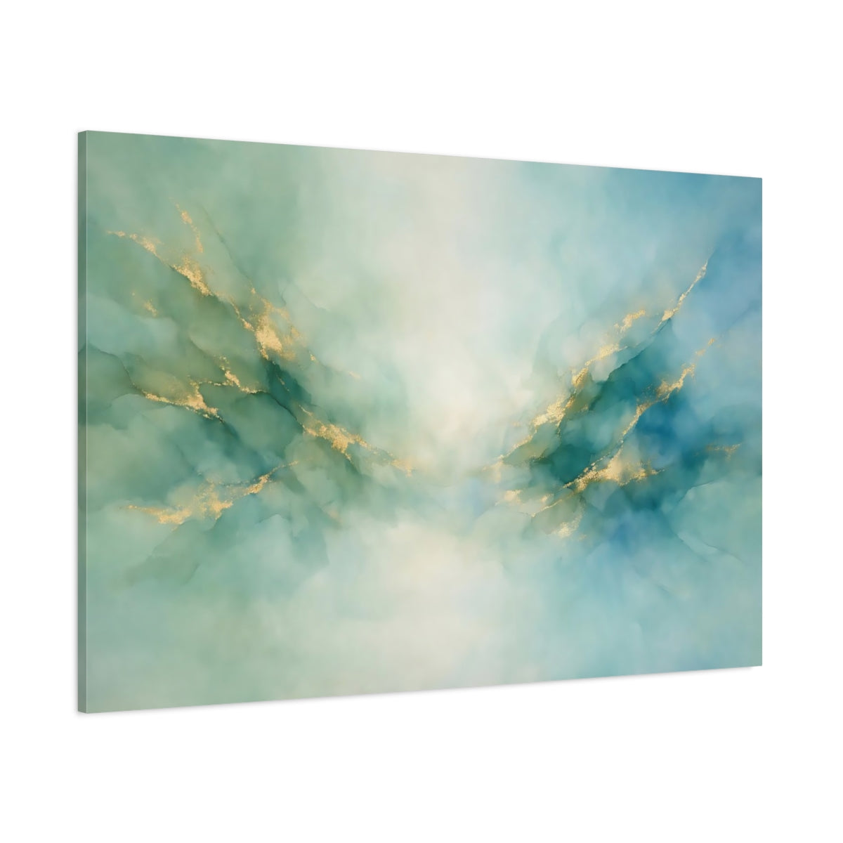 Main Mockup. Abstract Fluid Art Teal Gold Abstract shown as stretched canvas wall art