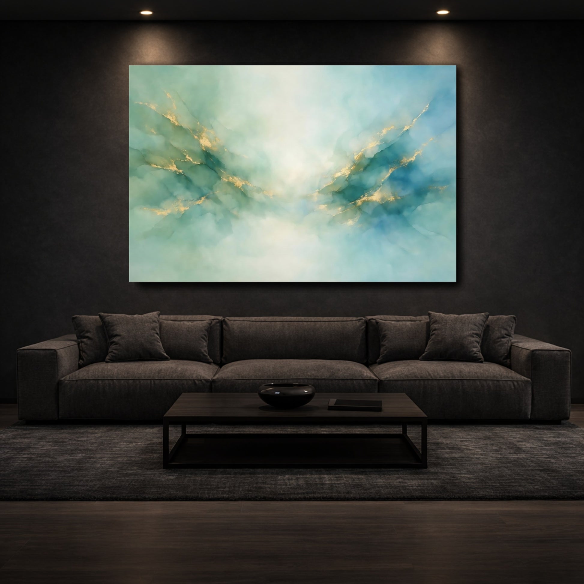 Mockup 2. Abstract Fluid Art Teal Gold Abstract shown as stretched canvas wall art