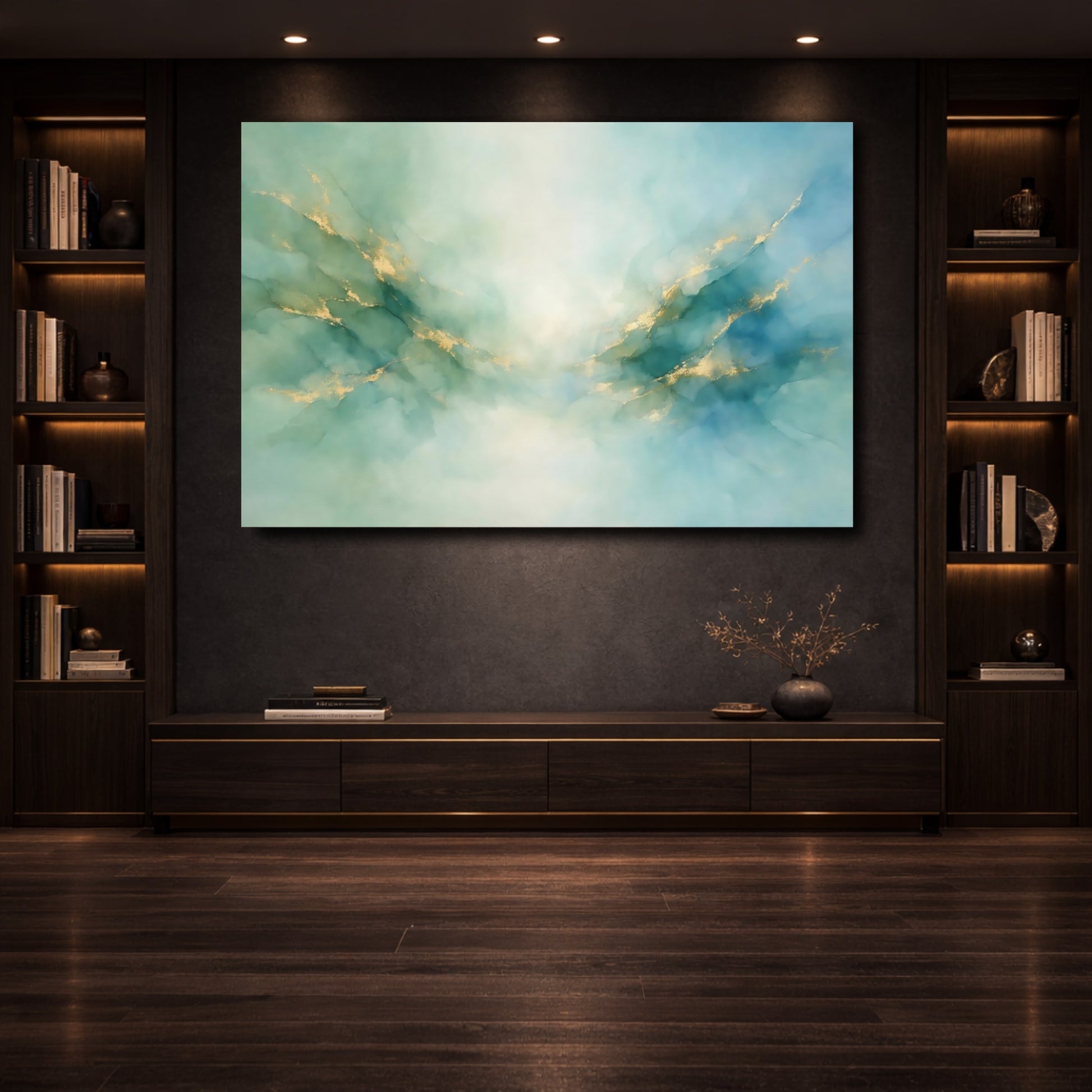 Mockup 3. Abstract Fluid Art Teal Gold Abstract shown as stretched canvas wall art