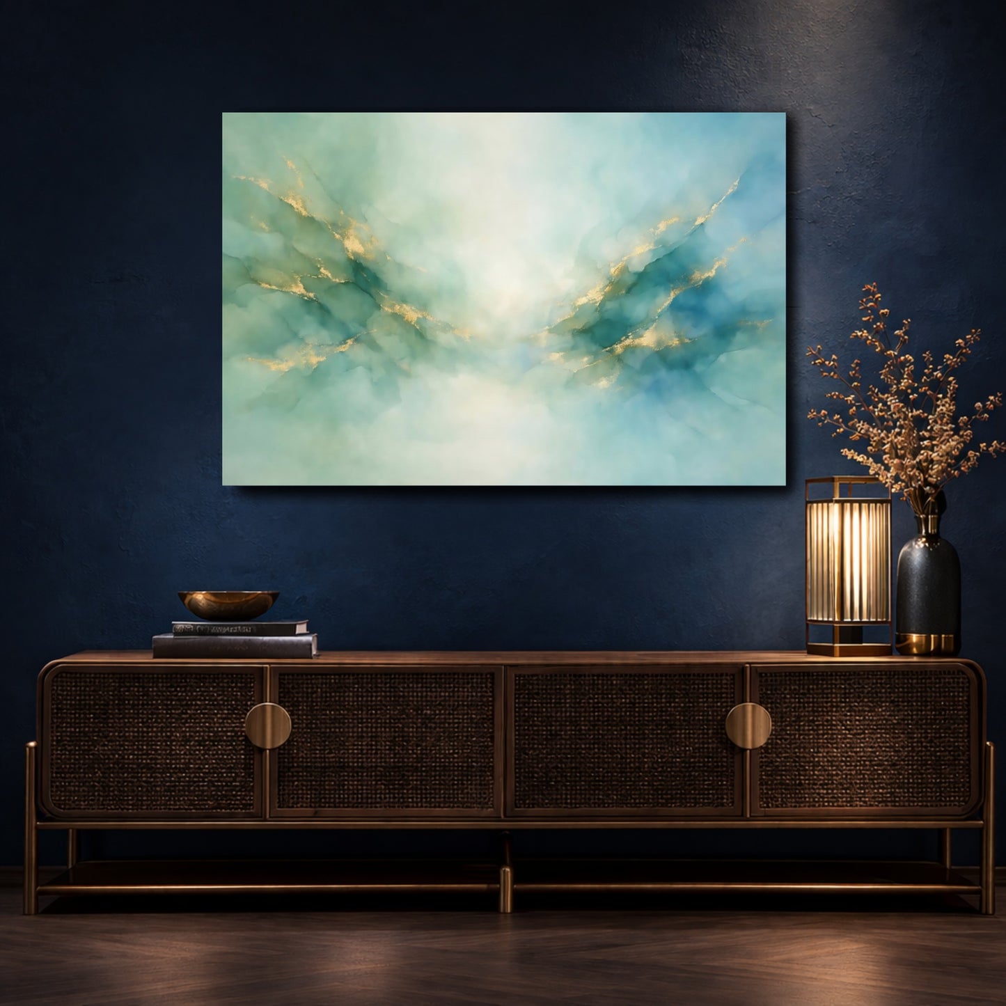 Mockup 4. Abstract Fluid Art Teal Gold Abstract shown as stretched canvas wall art