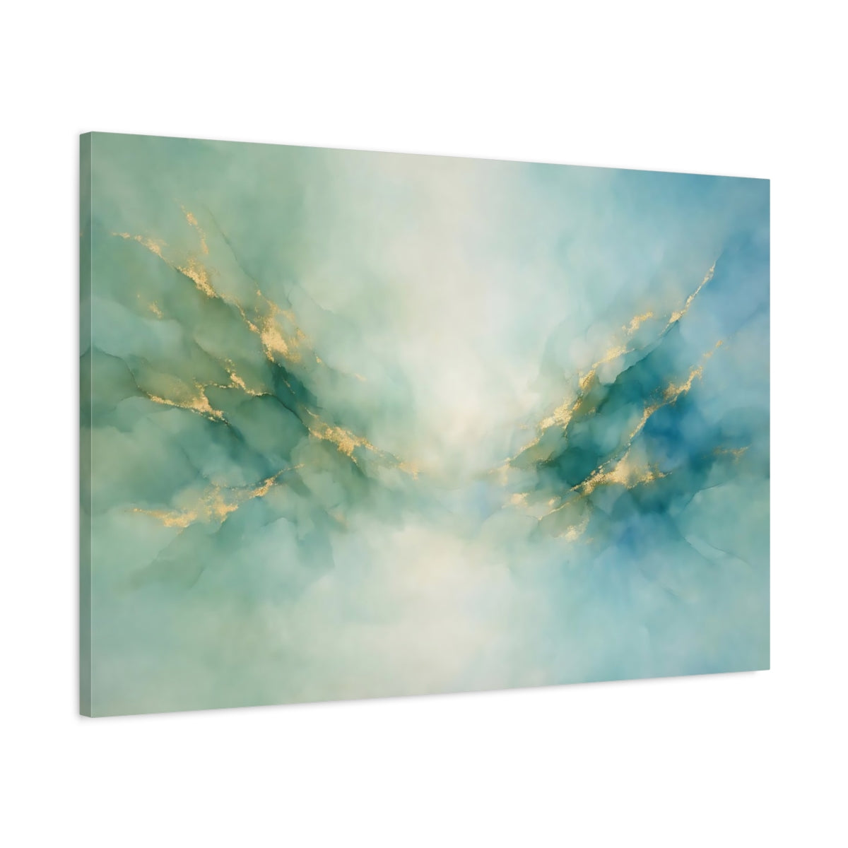 Side Mockup 1. Abstract Fluid Art Teal Gold Abstract shown as stretched canvas wall art