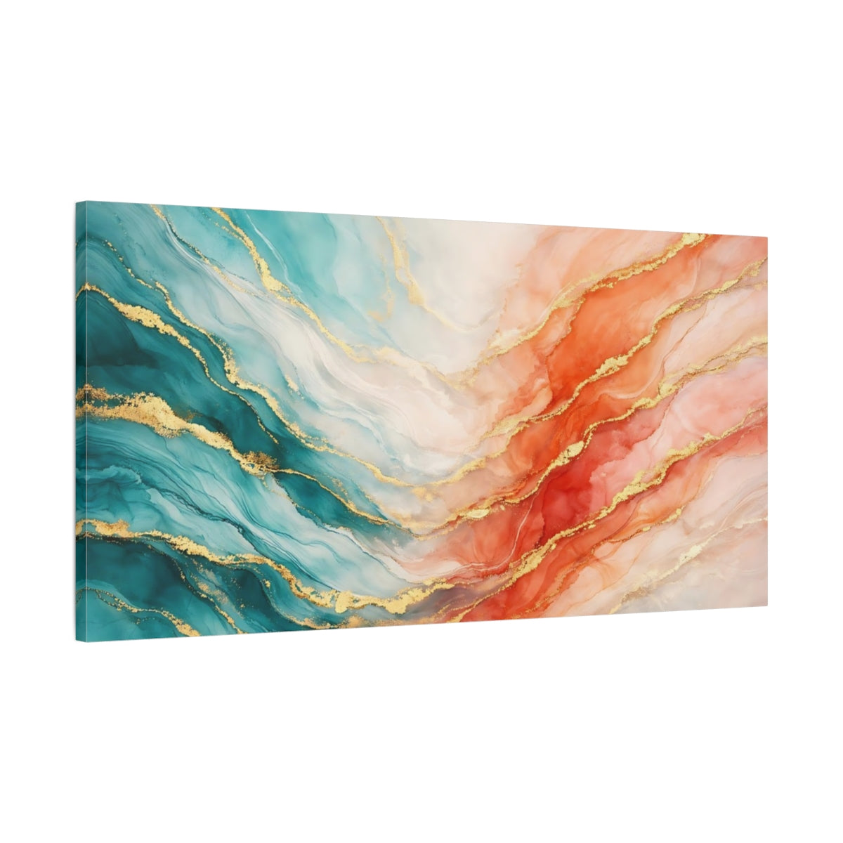 Side Mockup 1. Abstract Fluid Art Teal Orange Gold shown as stretched canvas wall art