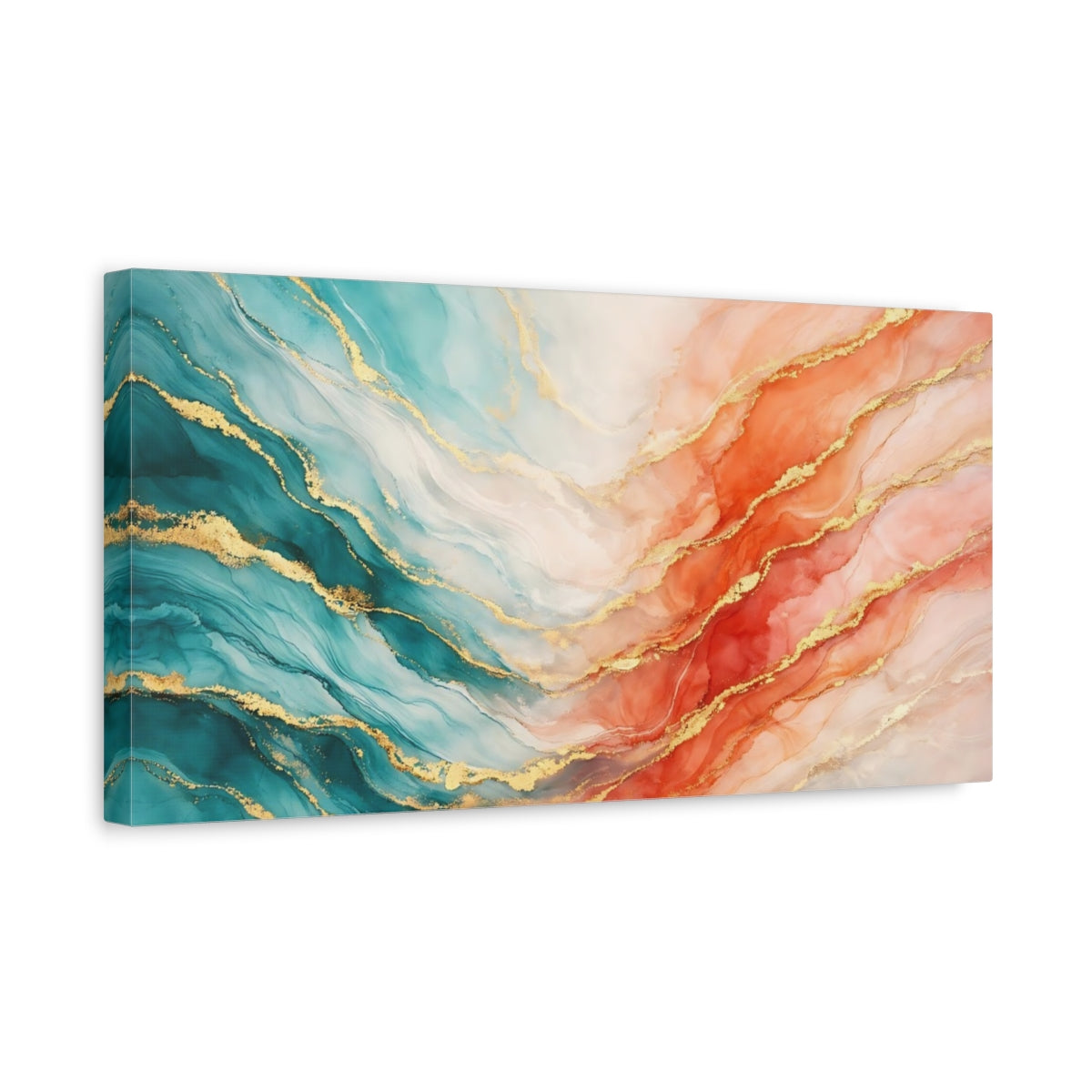 Side Mockup 3. Abstract Fluid Art Teal Orange Gold shown as stretched canvas wall art