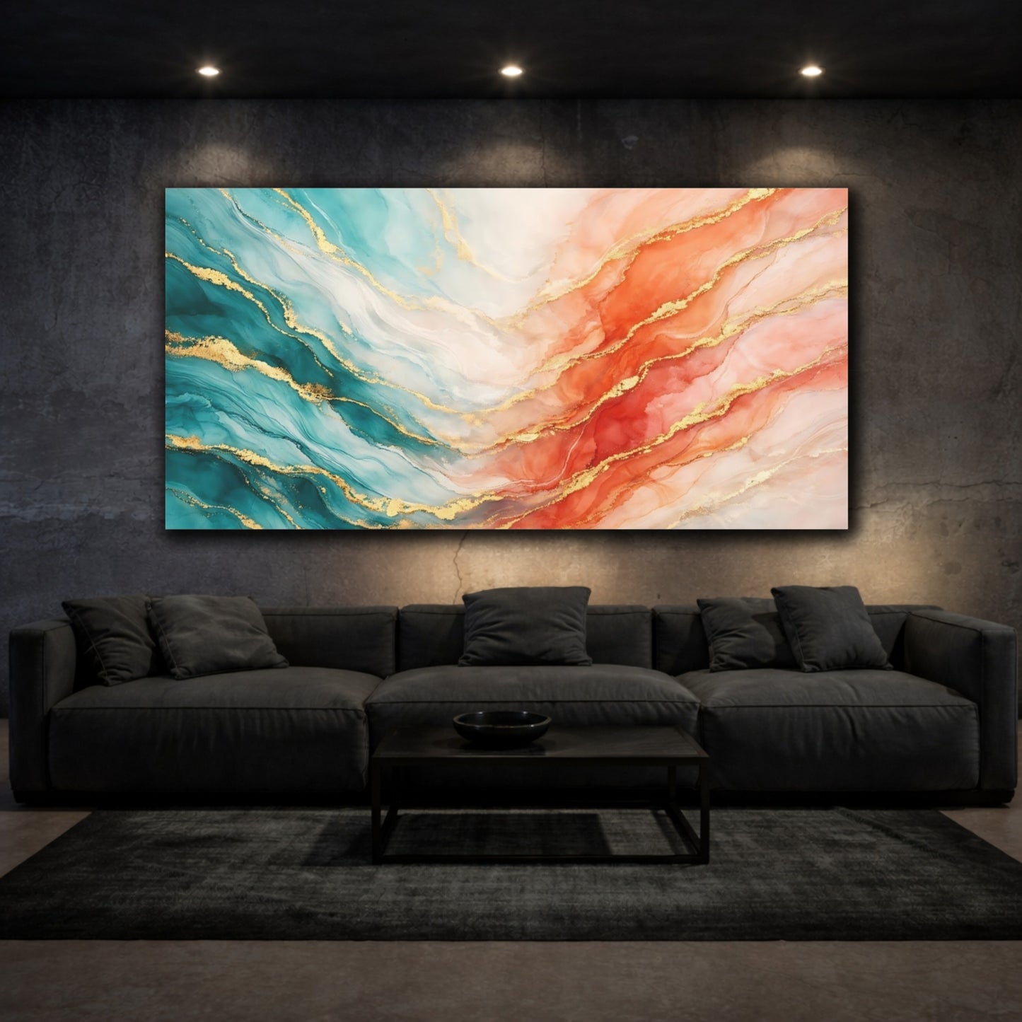 Mockup 2. Abstract Fluid Art Teal Orange Gold shown as stretched canvas wall art