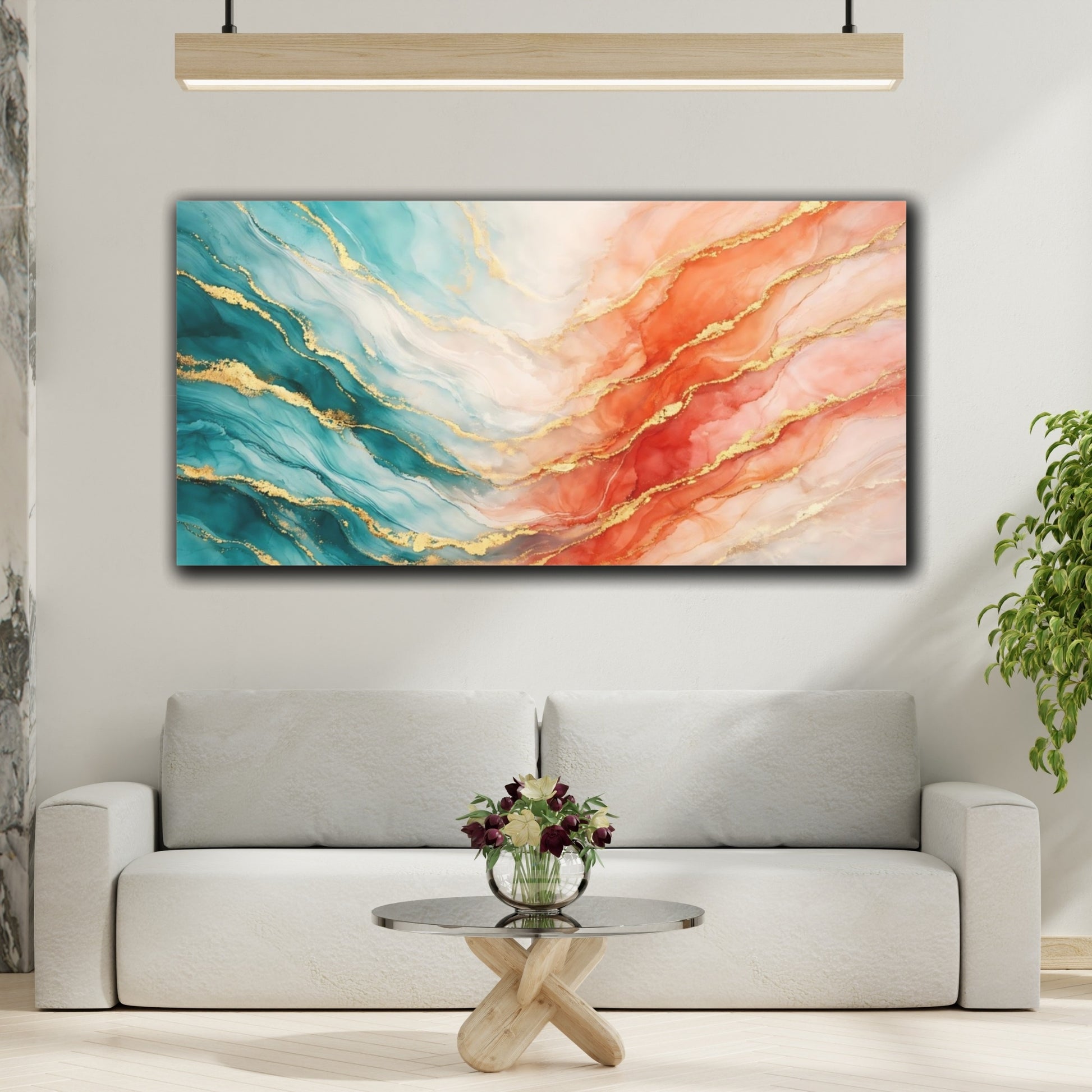 Mockup 3. Abstract Fluid Art Teal Orange Gold shown as stretched canvas wall art