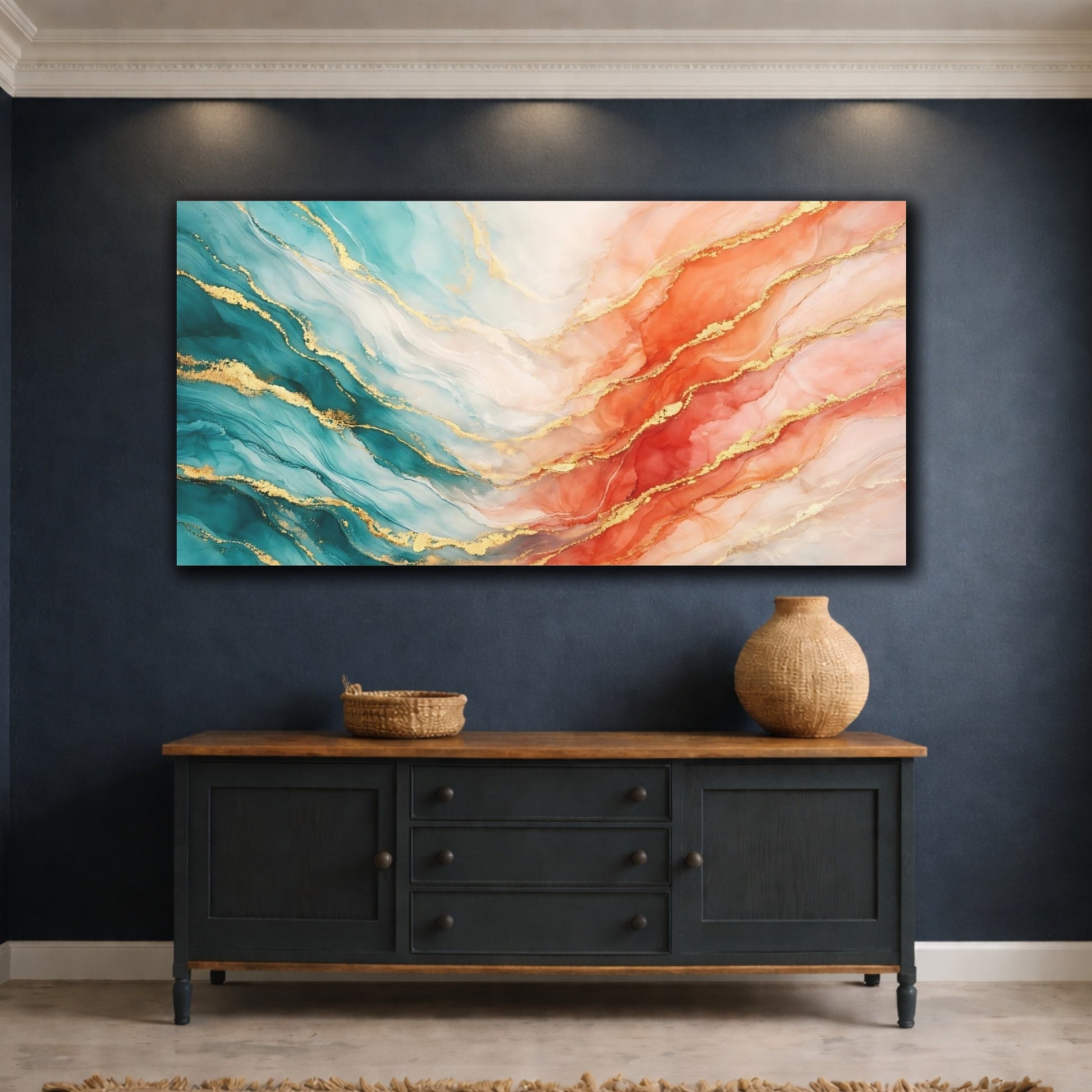 Mockup 4. Abstract Fluid Art Teal Orange Gold shown as stretched canvas wall art