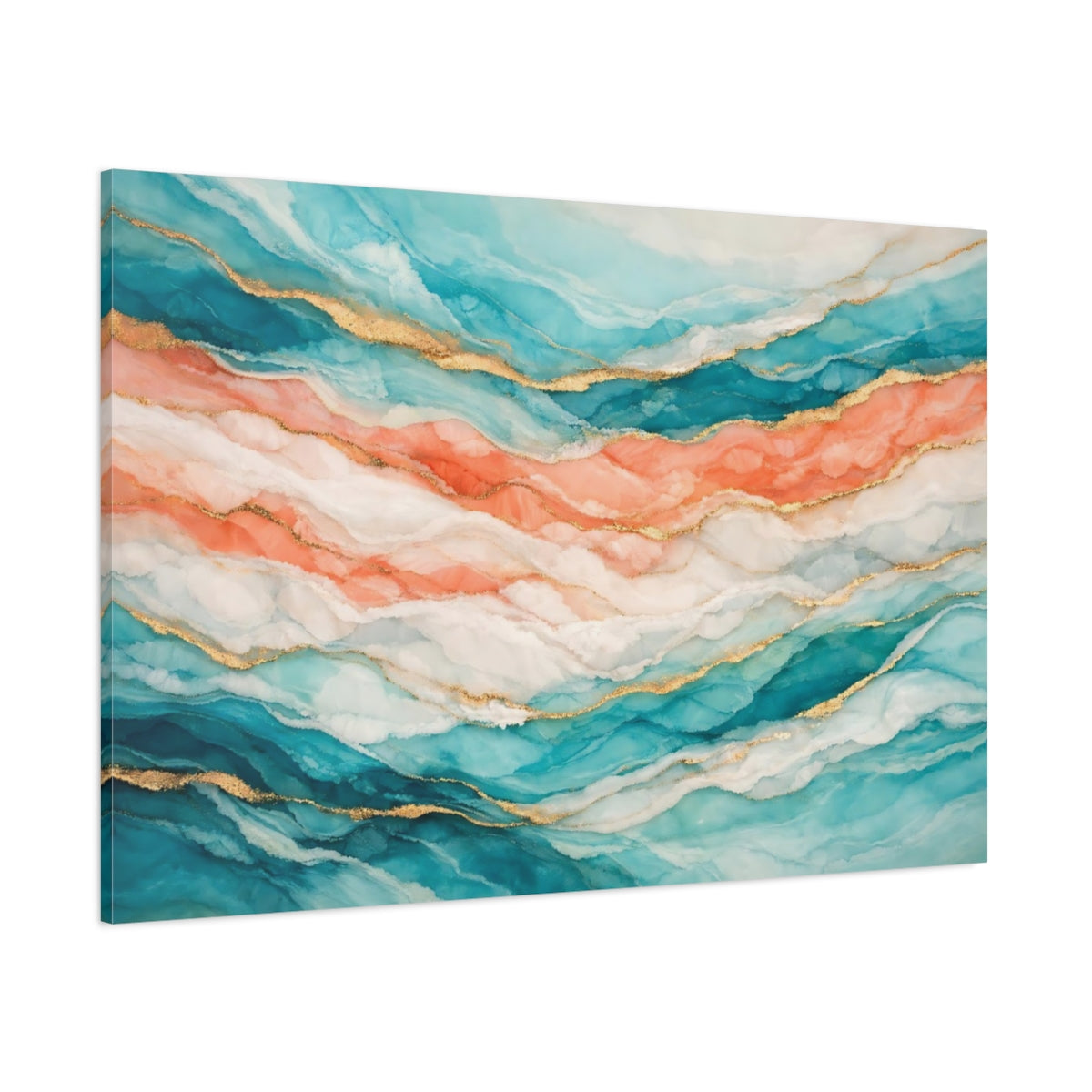 Main Mockup. Abstract Fluid Art Teal Peach Gold shown as stretched canvas wall art