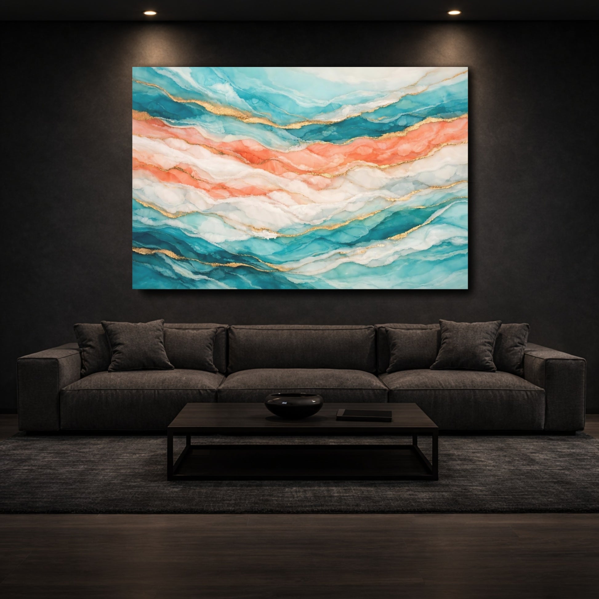 Mockup 2. Abstract Fluid Art Teal Peach Gold shown as stretched canvas wall art