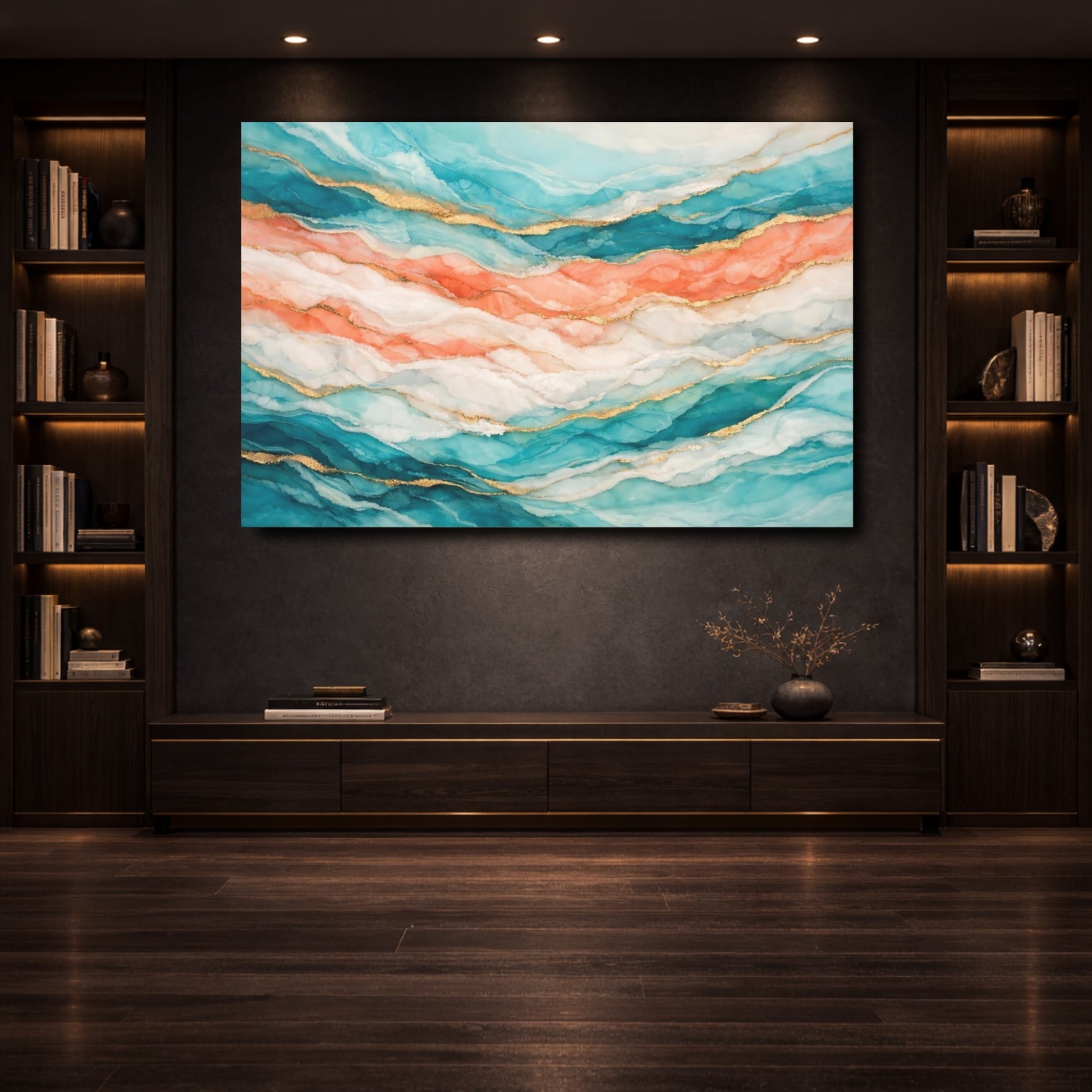 Mockup 3. Abstract Fluid Art Teal Peach Gold shown as stretched canvas wall art