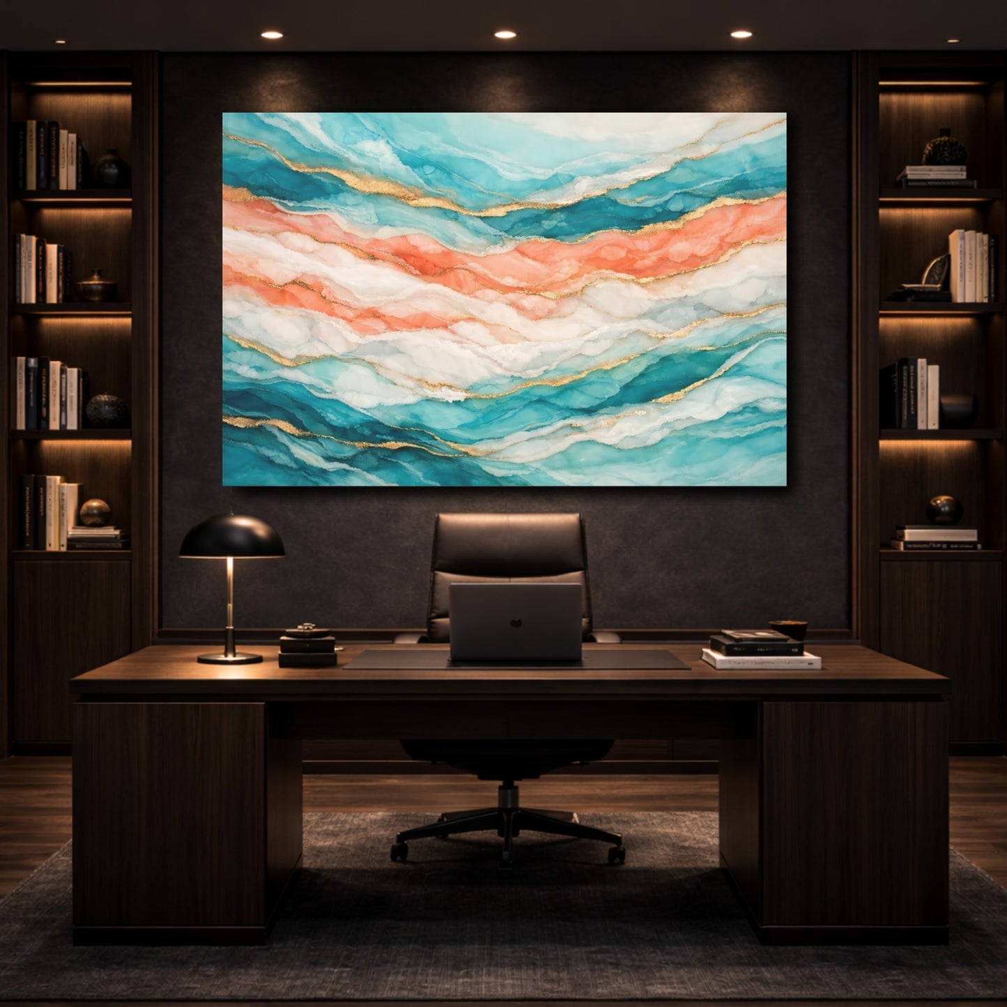Mockup 4. Abstract Fluid Art Teal Peach Gold shown as stretched canvas wall art